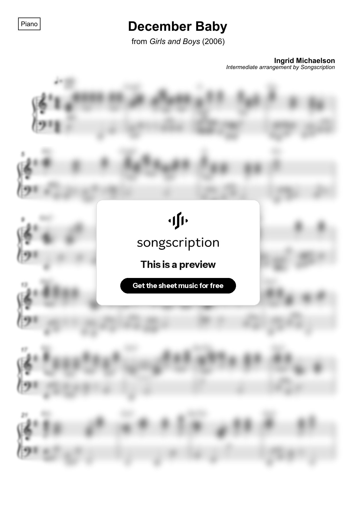 Intermediate Piano Sheet Music for "December Baby" by Ingrid Michaelson