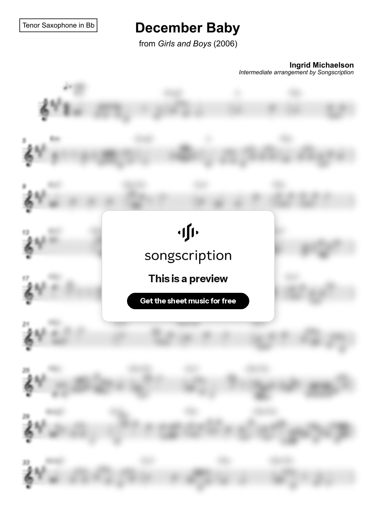 Intermediate Tenor Sax Sheet Music for "December Baby" by Ingrid Michaelson