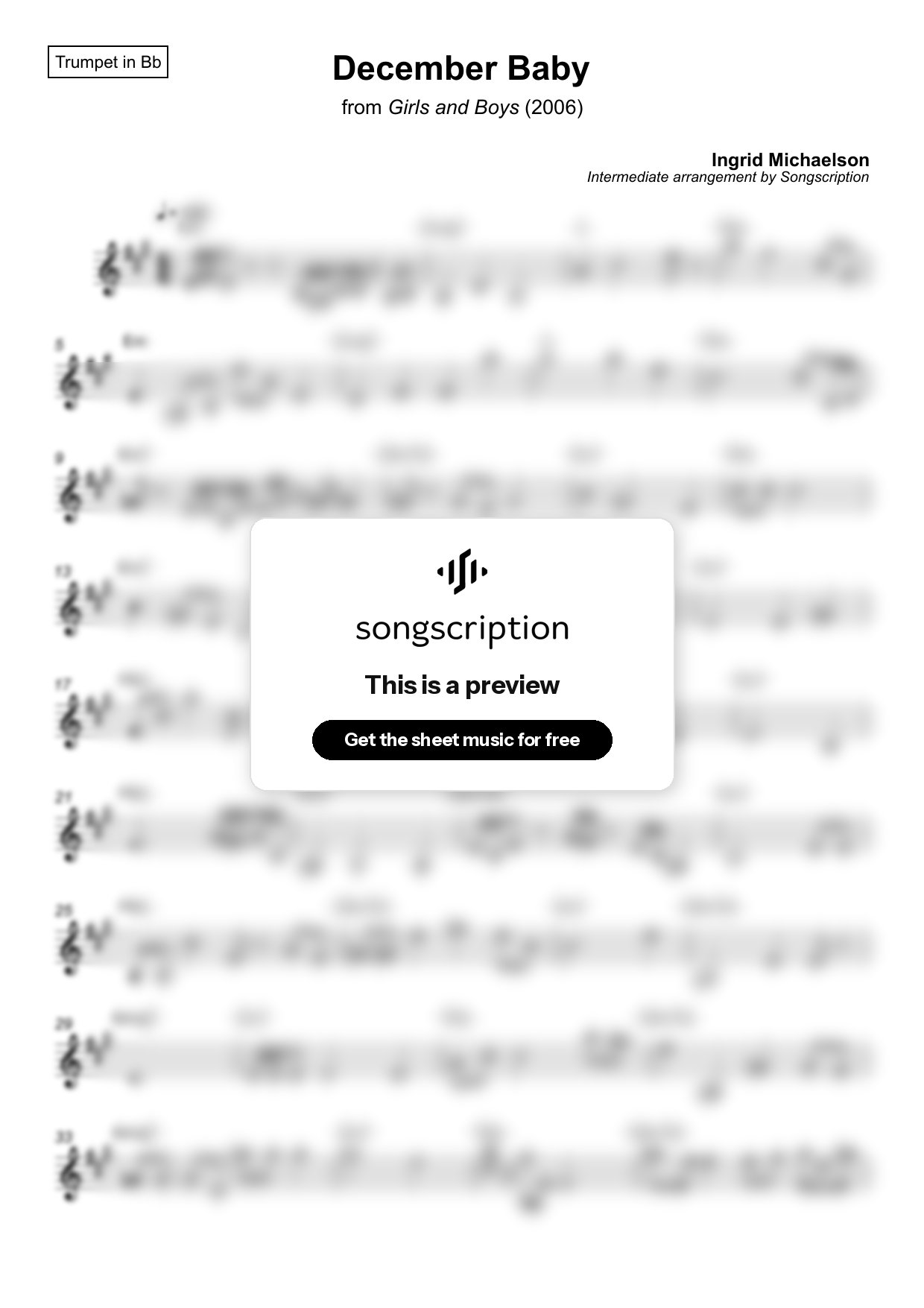 Intermediate Trumpet Sheet Music for "December Baby" by Ingrid Michaelson