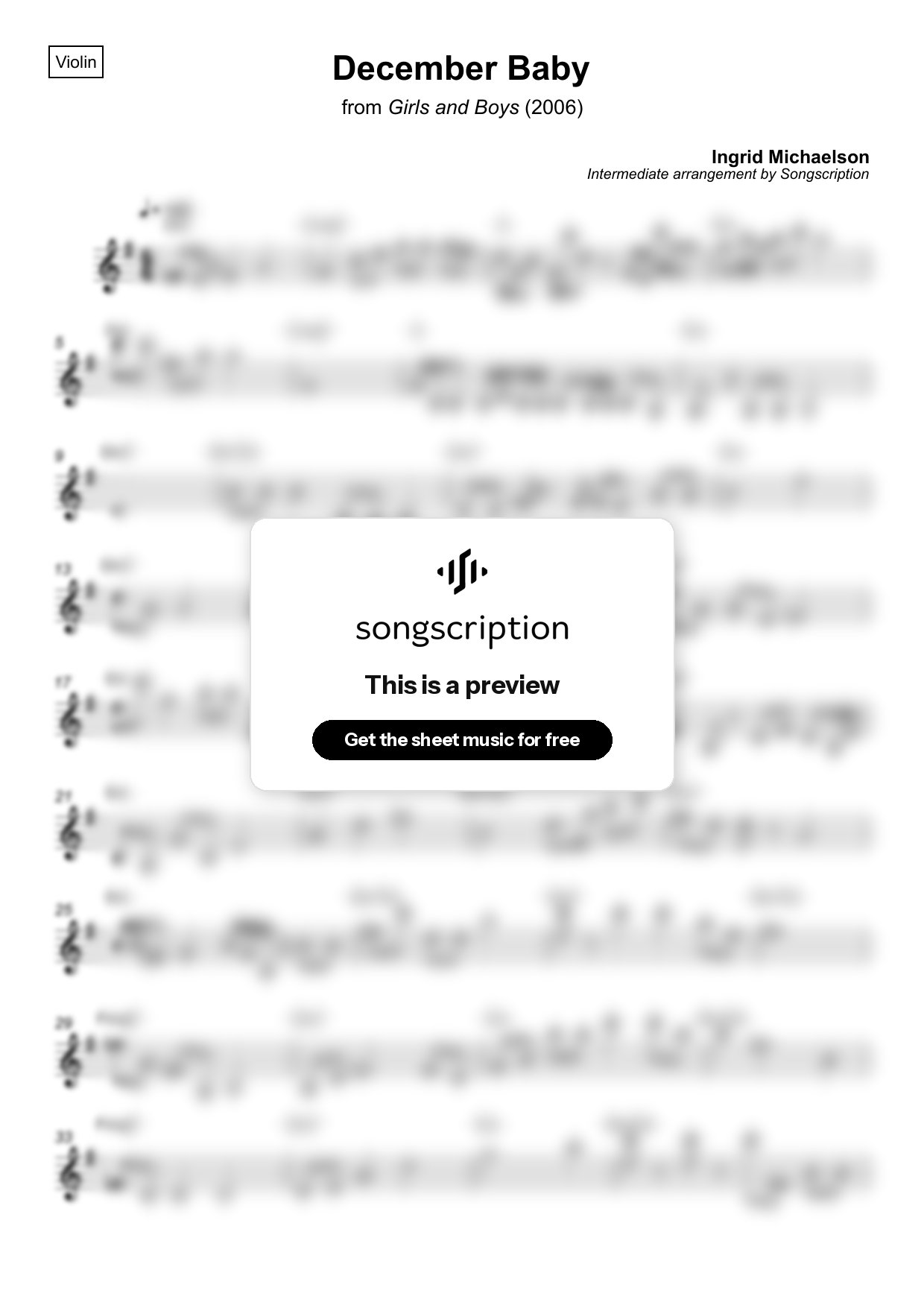 Intermediate Violin Sheet Music for "December Baby" by Ingrid Michaelson