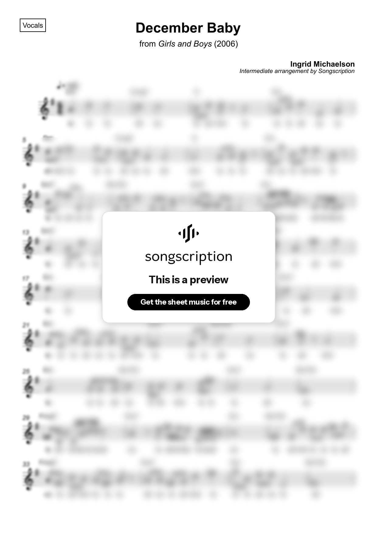 Intermediate Vocals Sheet Music for "December Baby" by Ingrid Michaelson