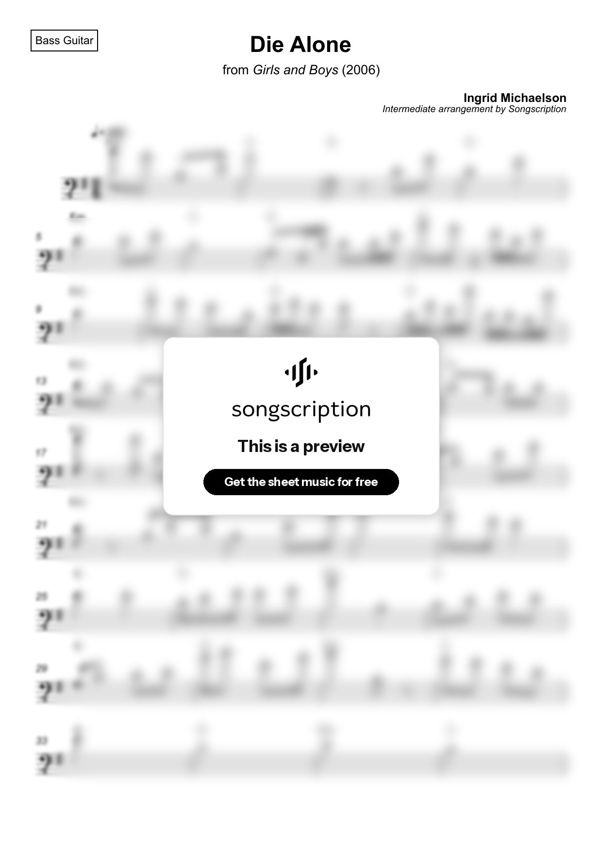 Intermediate Bass Guitar Sheet Music for "Die Alone" by Ingrid Michaelson