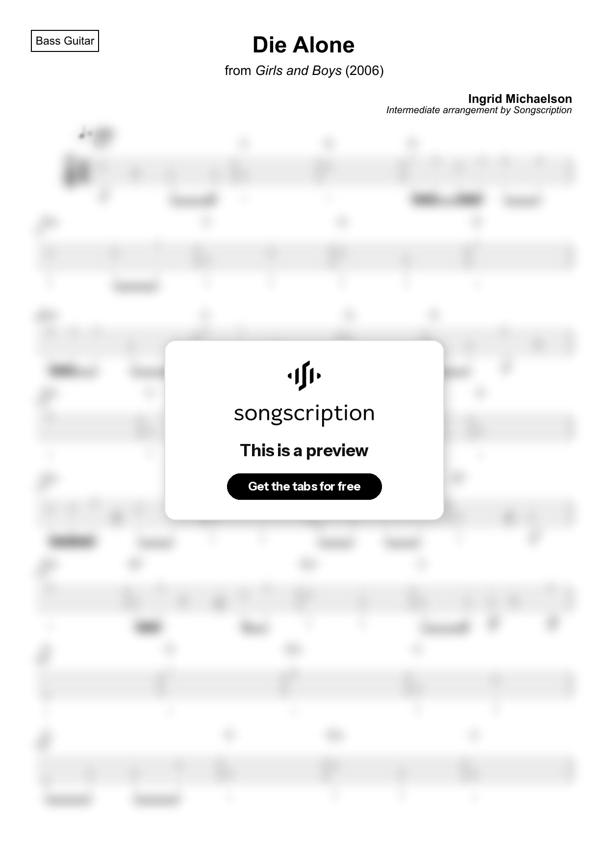 Intermediate Bass Guitar Tabs for "Die Alone" by Ingrid Michaelson