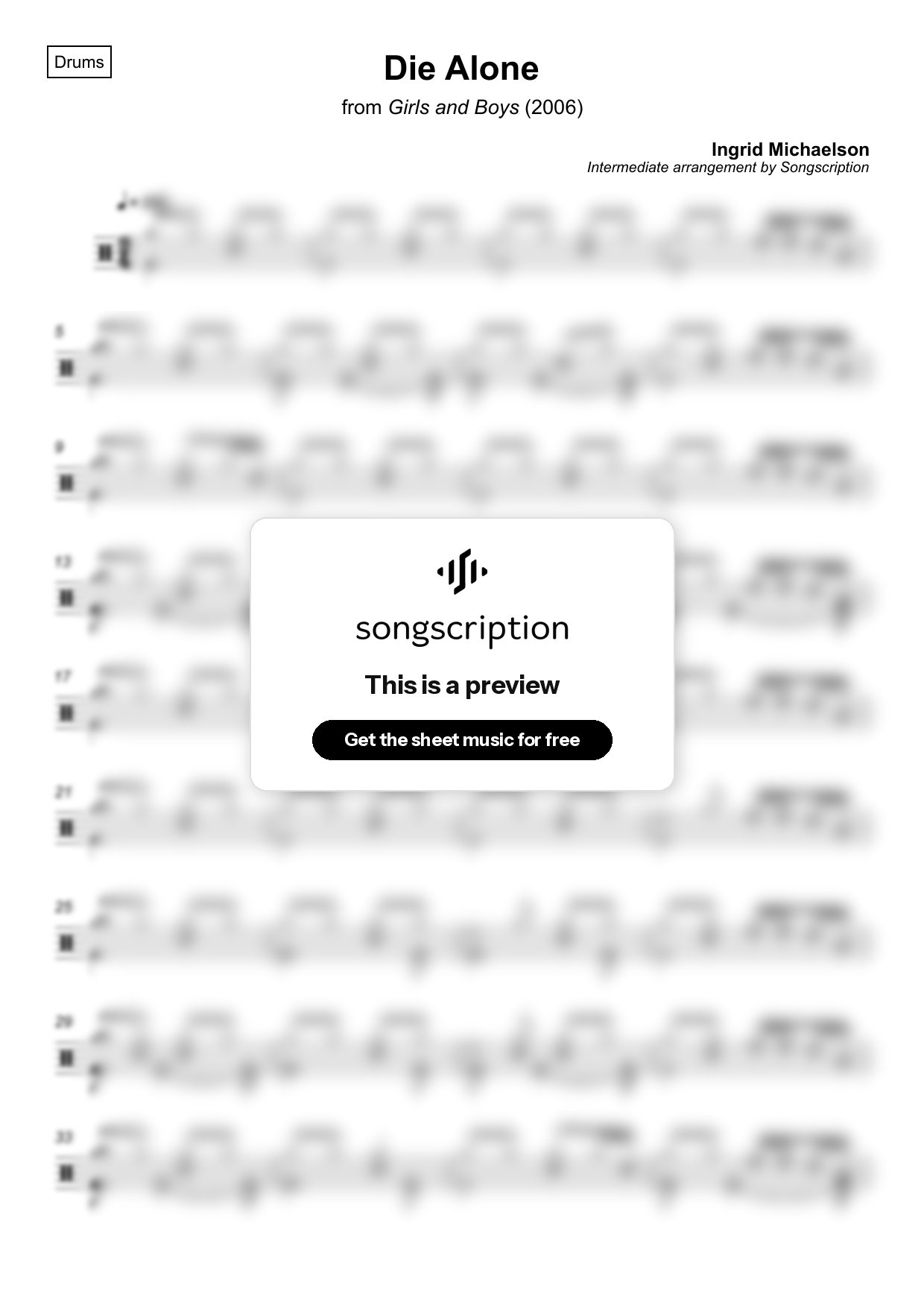 Intermediate Drums Sheet Music for "Die Alone" by Ingrid Michaelson