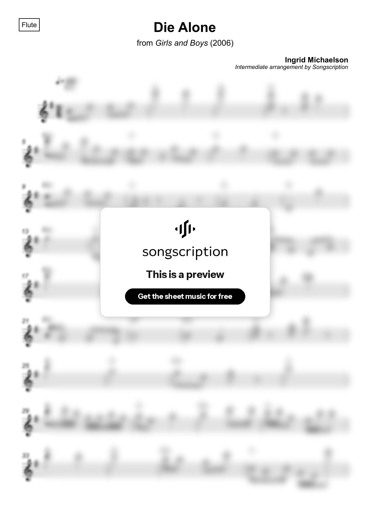 Intermediate Flute Sheet Music for "Die Alone" by Ingrid Michaelson