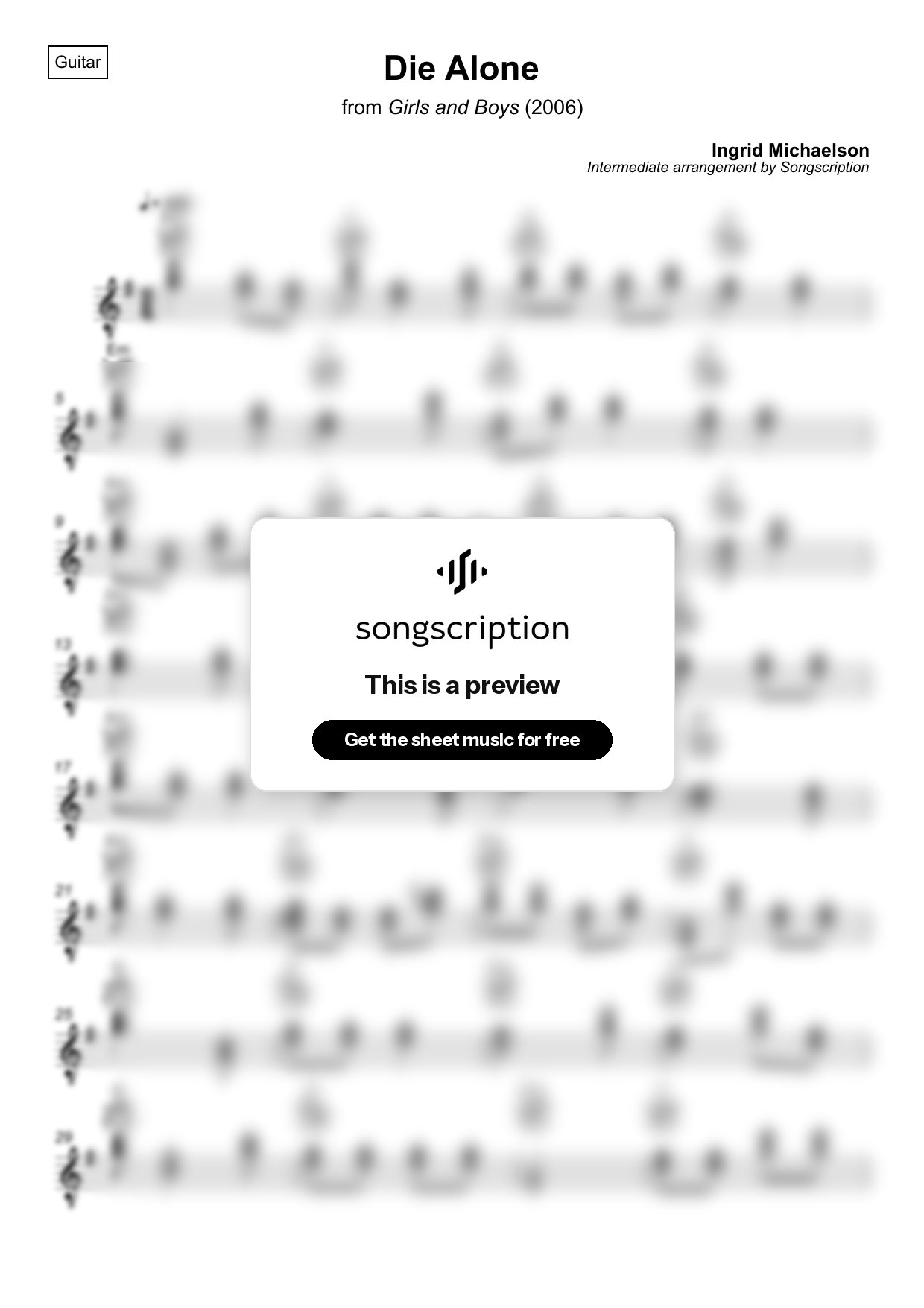 Intermediate Acoustic Guitar Sheet Music for "Die Alone" by Ingrid Michaelson