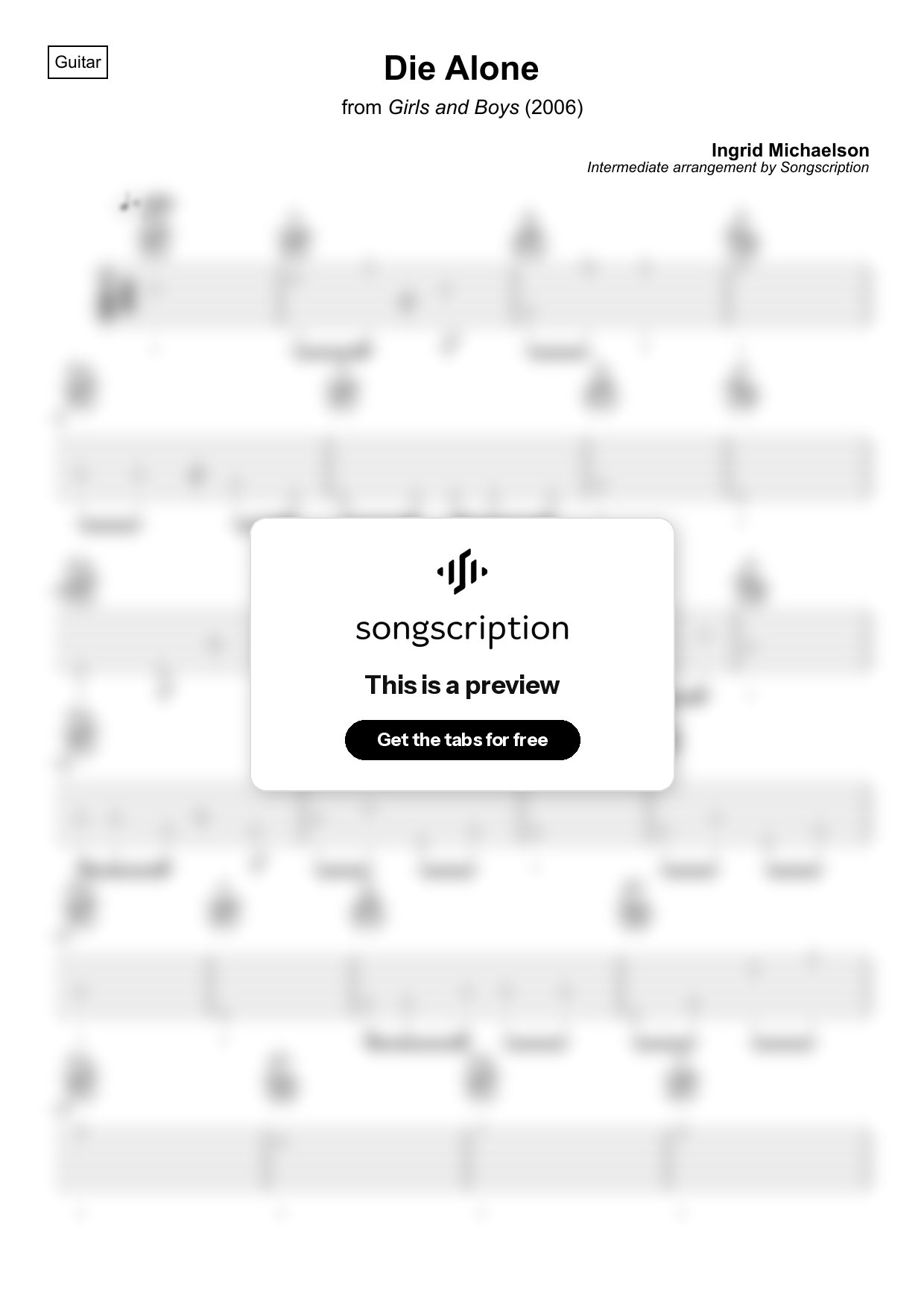 Intermediate Acoustic Guitar Tabs for "Die Alone" by Ingrid Michaelson