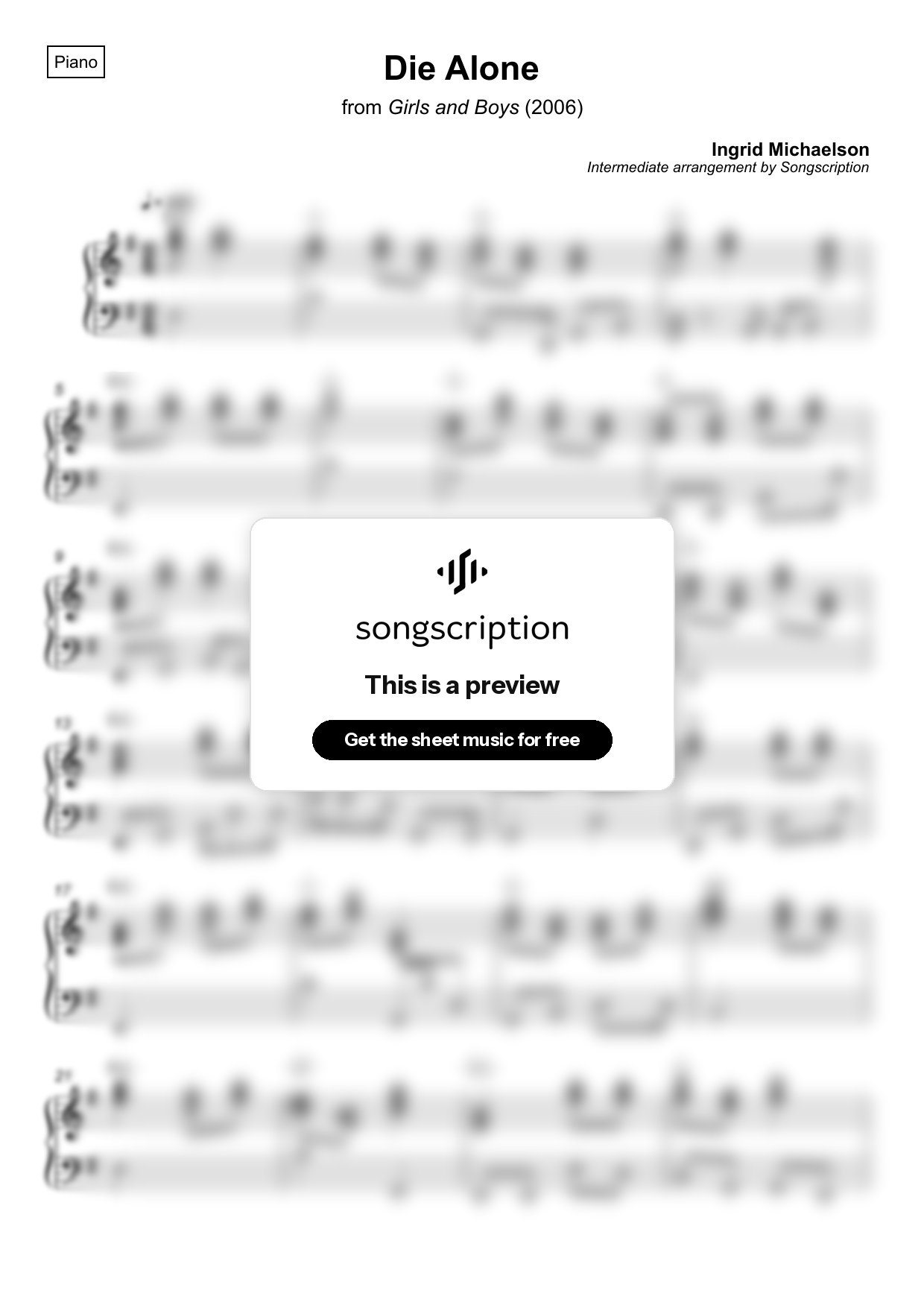 Intermediate Piano Sheet Music for "Die Alone" by Ingrid Michaelson