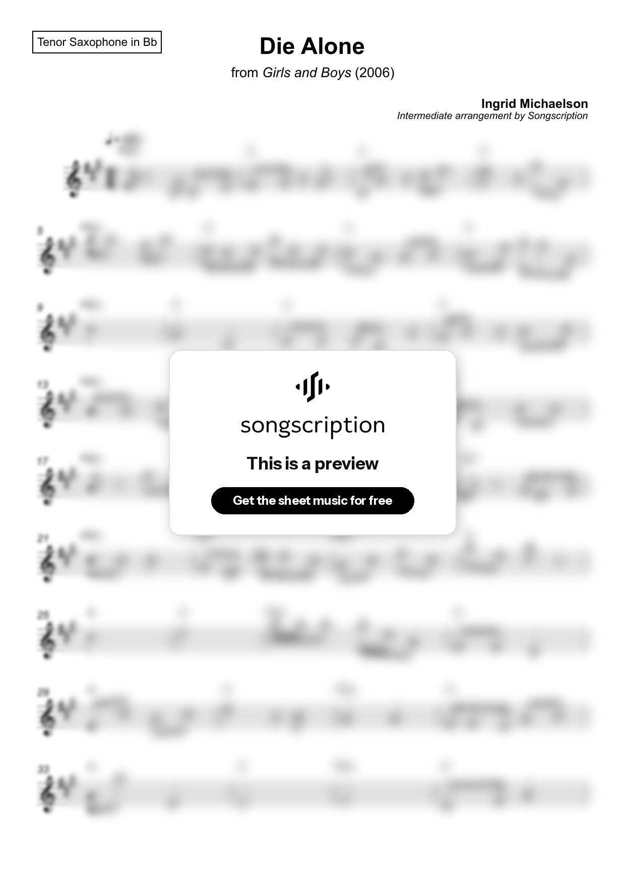 Intermediate Tenor Sax Sheet Music for "Die Alone" by Ingrid Michaelson