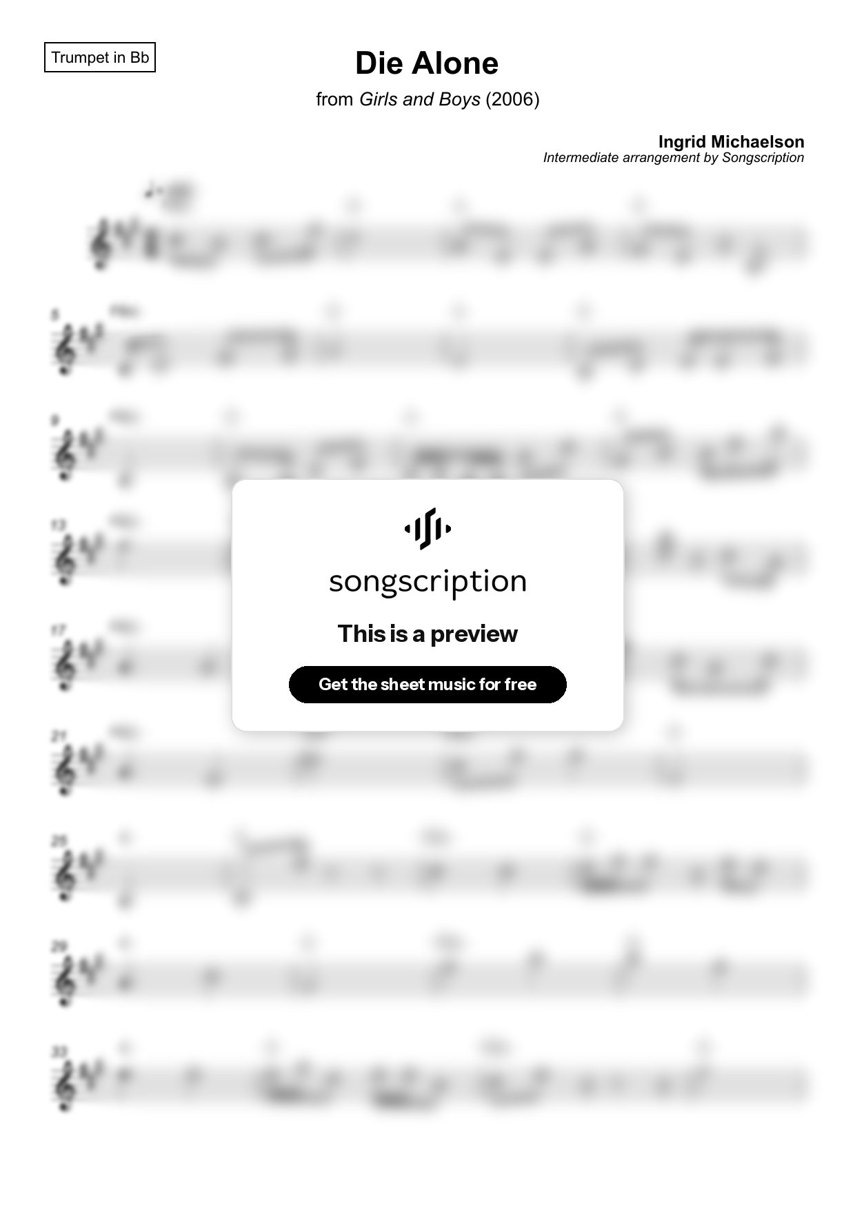 Intermediate Trumpet Sheet Music for "Die Alone" by Ingrid Michaelson