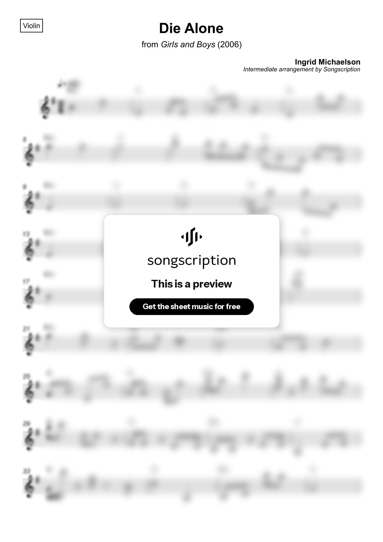 Intermediate Violin Sheet Music for "Die Alone" by Ingrid Michaelson