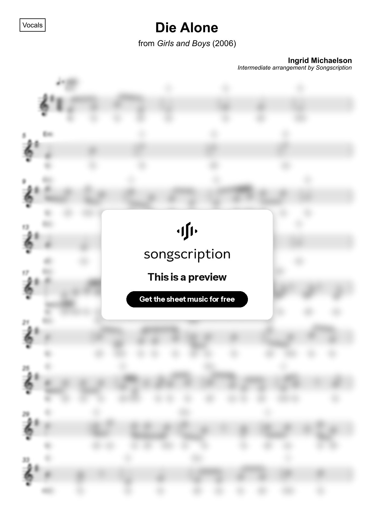 Intermediate Vocals Sheet Music for "Die Alone" by Ingrid Michaelson