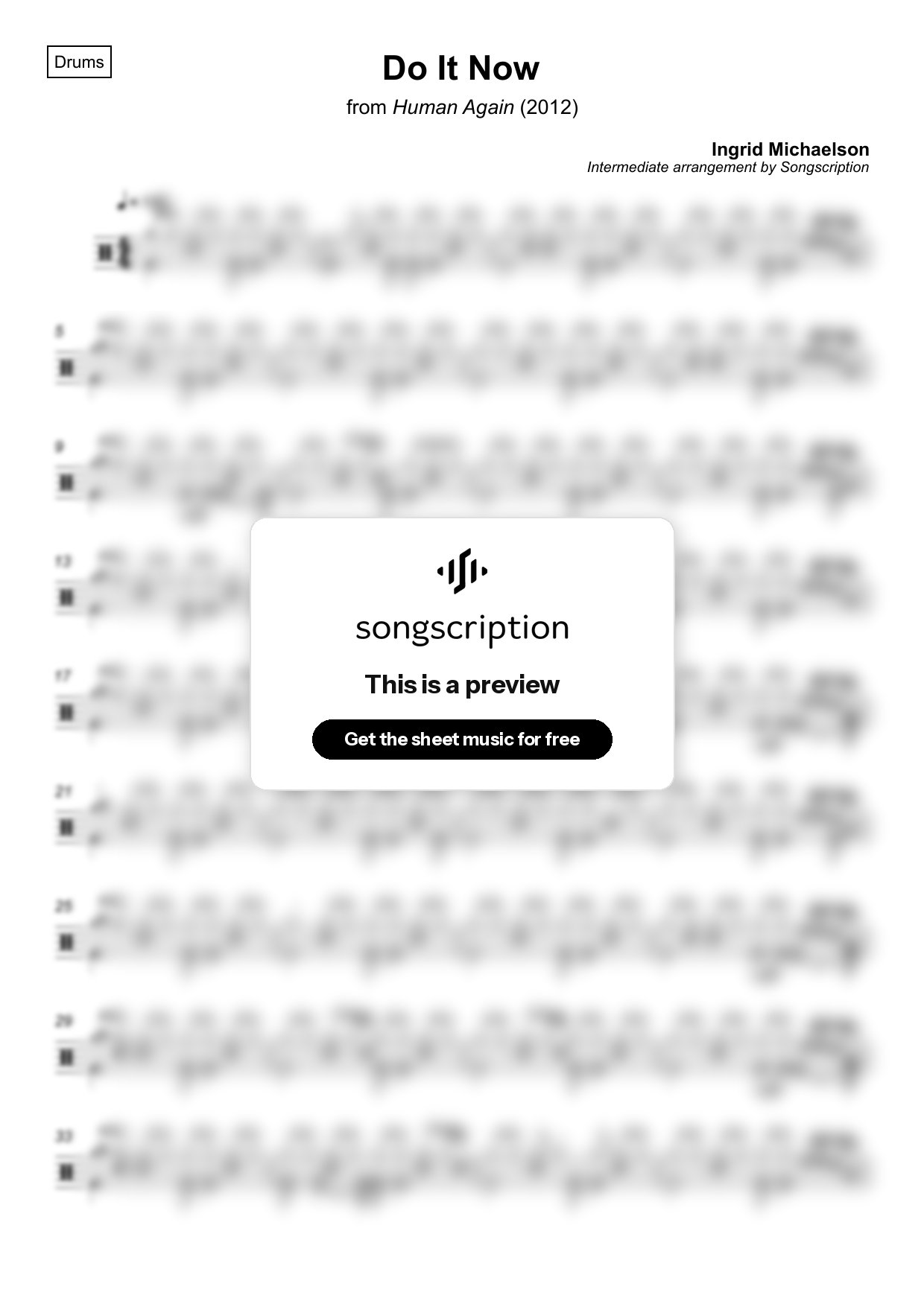 Intermediate Drums Sheet Music for "Do It Now" by Ingrid Michaelson