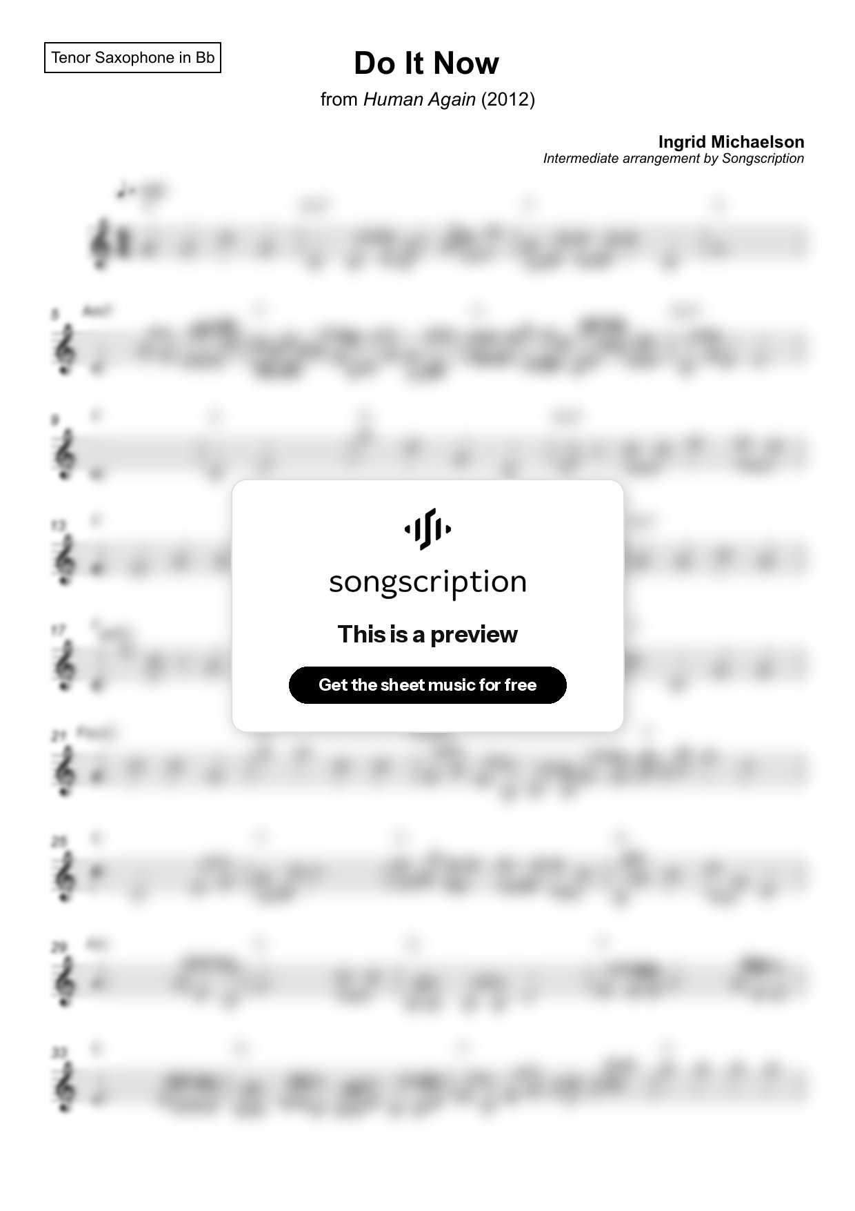 Intermediate Tenor Sax Sheet Music for "Do It Now" by Ingrid Michaelson