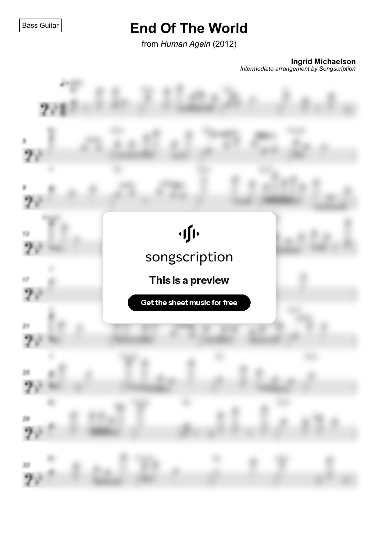 Intermediate Bass Guitar Sheet Music for "End Of The World" by Ingrid Michaelson