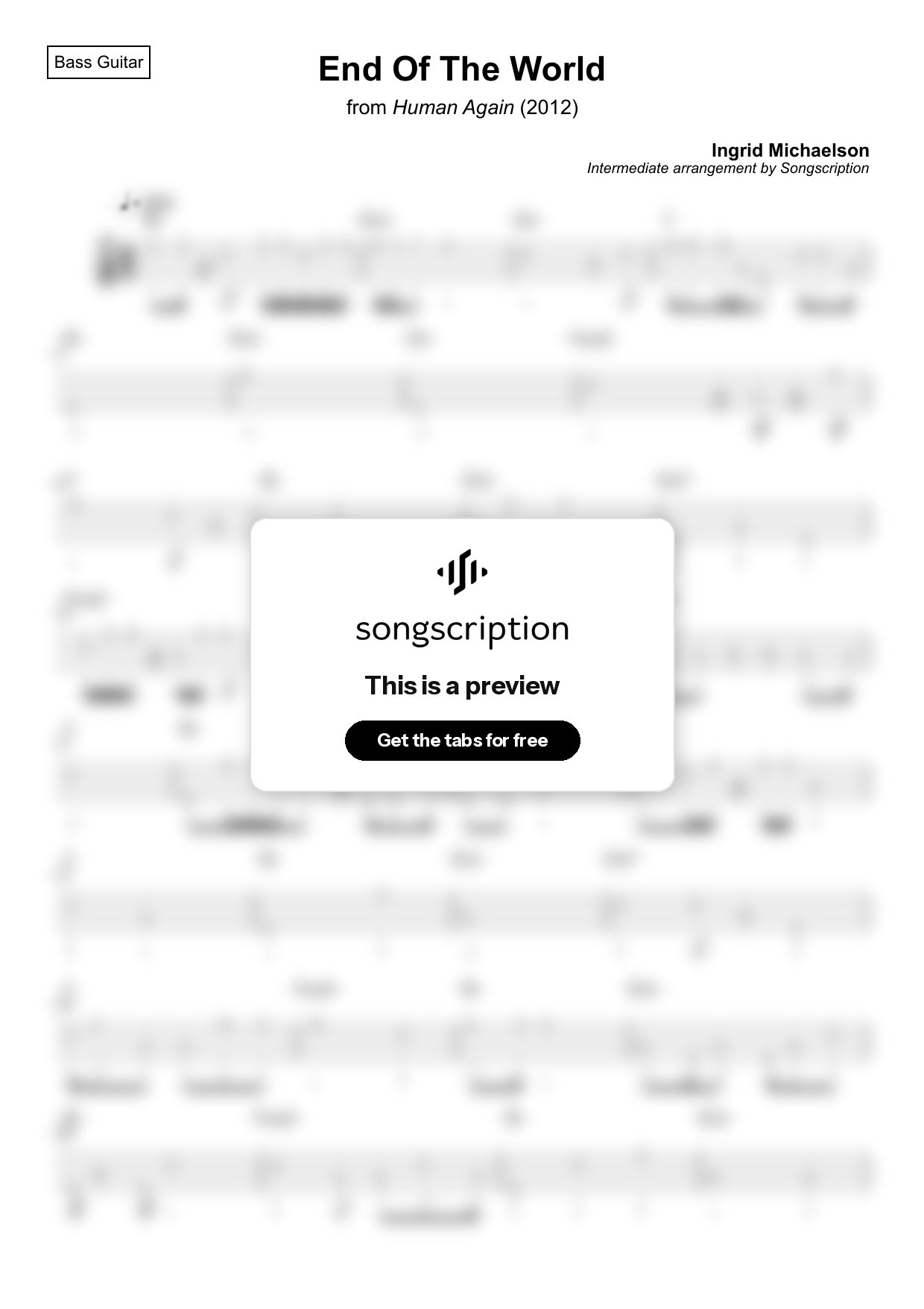 Intermediate Bass Guitar Tabs for "End Of The World" by Ingrid Michaelson