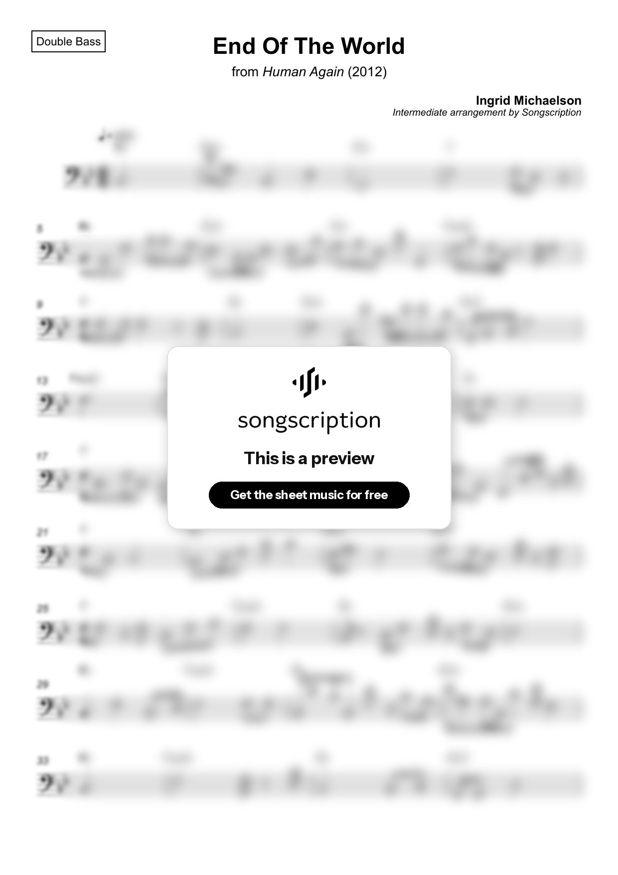 Intermediate Double Bass Sheet Music for "End Of The World" by Ingrid Michaelson