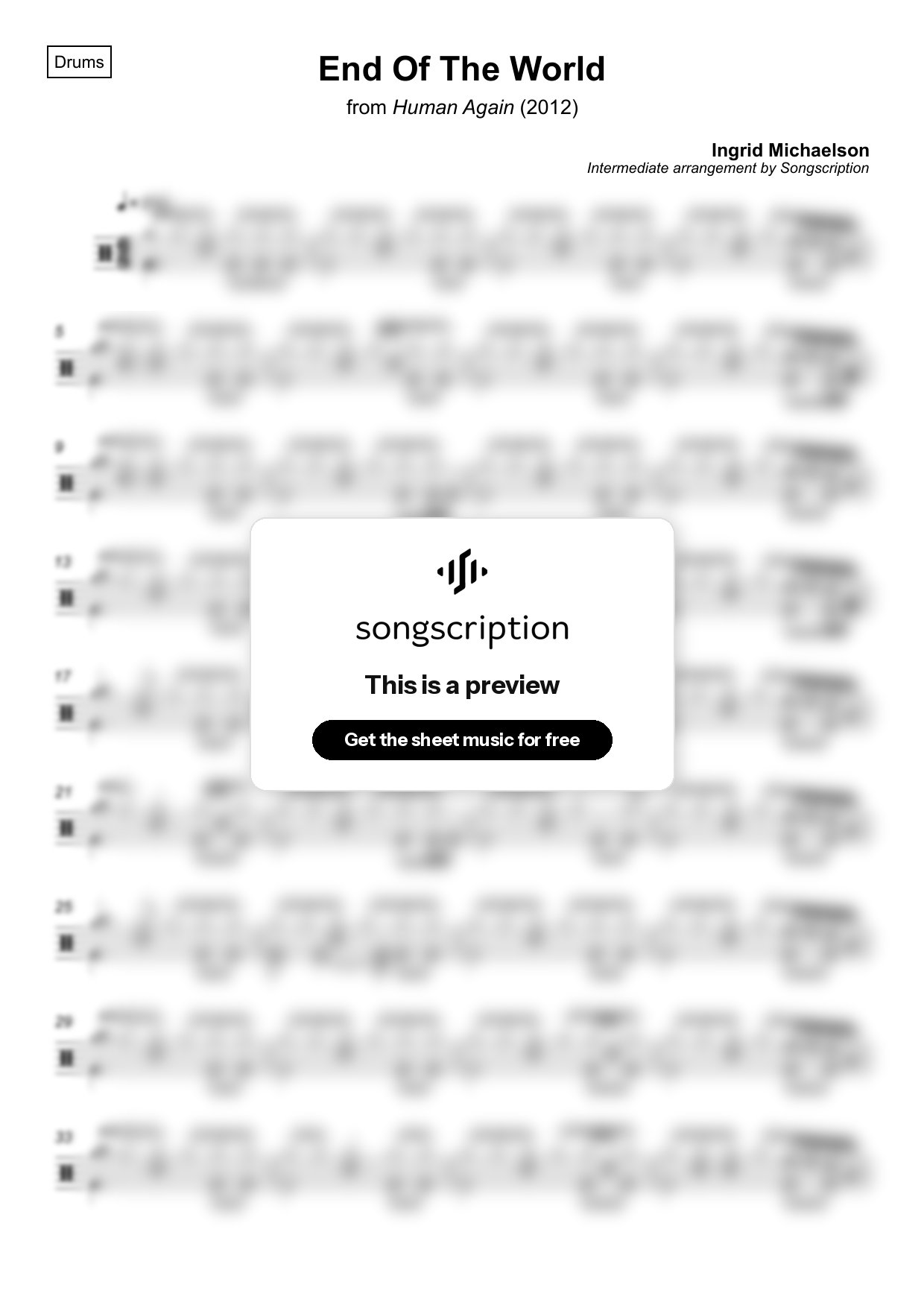 Intermediate Drums Sheet Music for "End Of The World" by Ingrid Michaelson