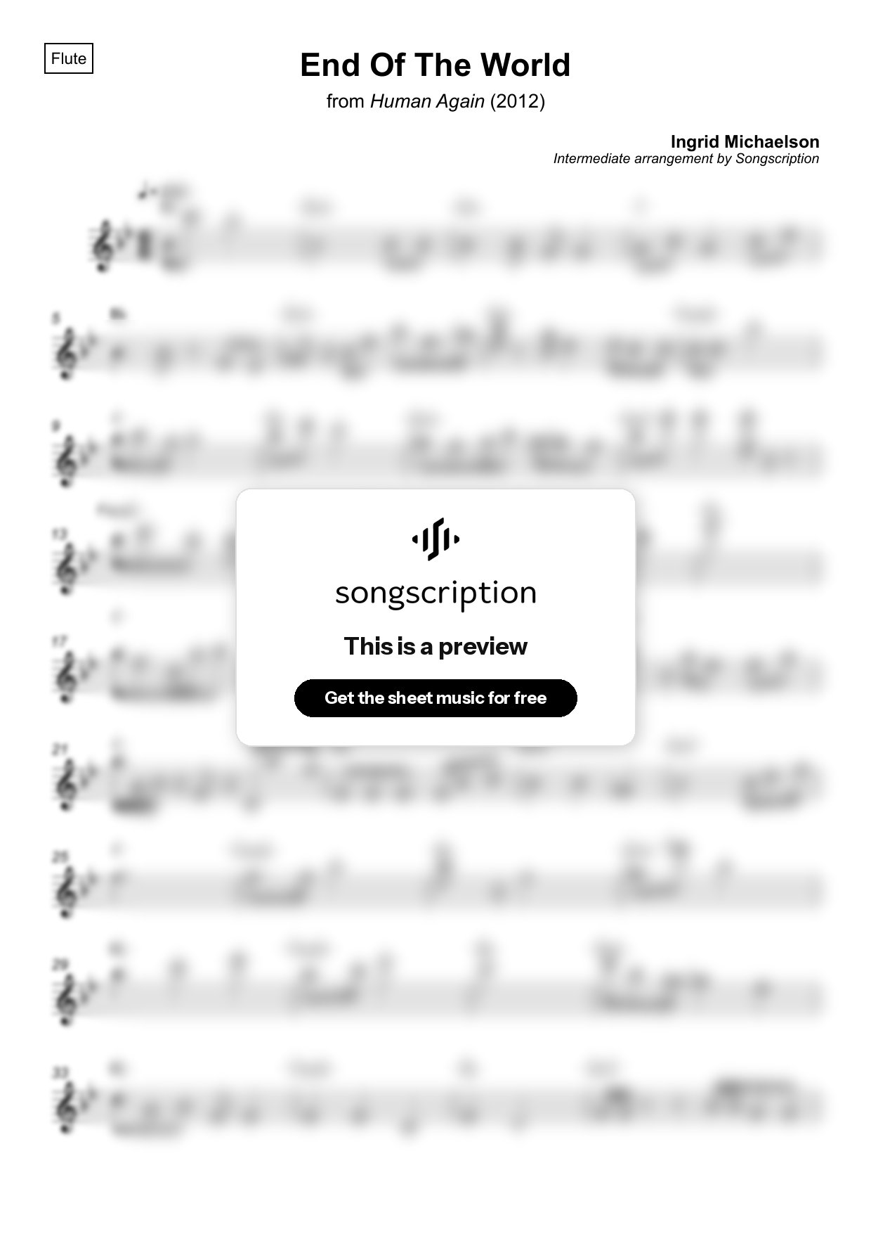 Intermediate Flute Sheet Music for "End Of The World" by Ingrid Michaelson
