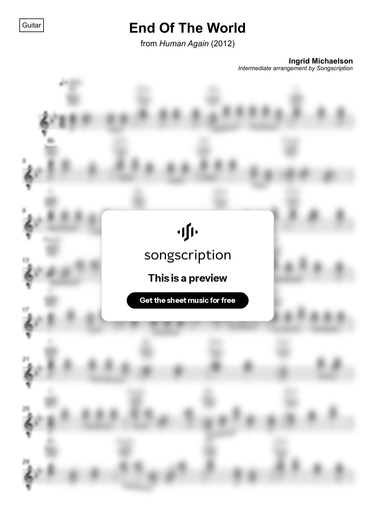 Intermediate Acoustic Guitar Sheet Music for "End Of The World" by Ingrid Michaelson