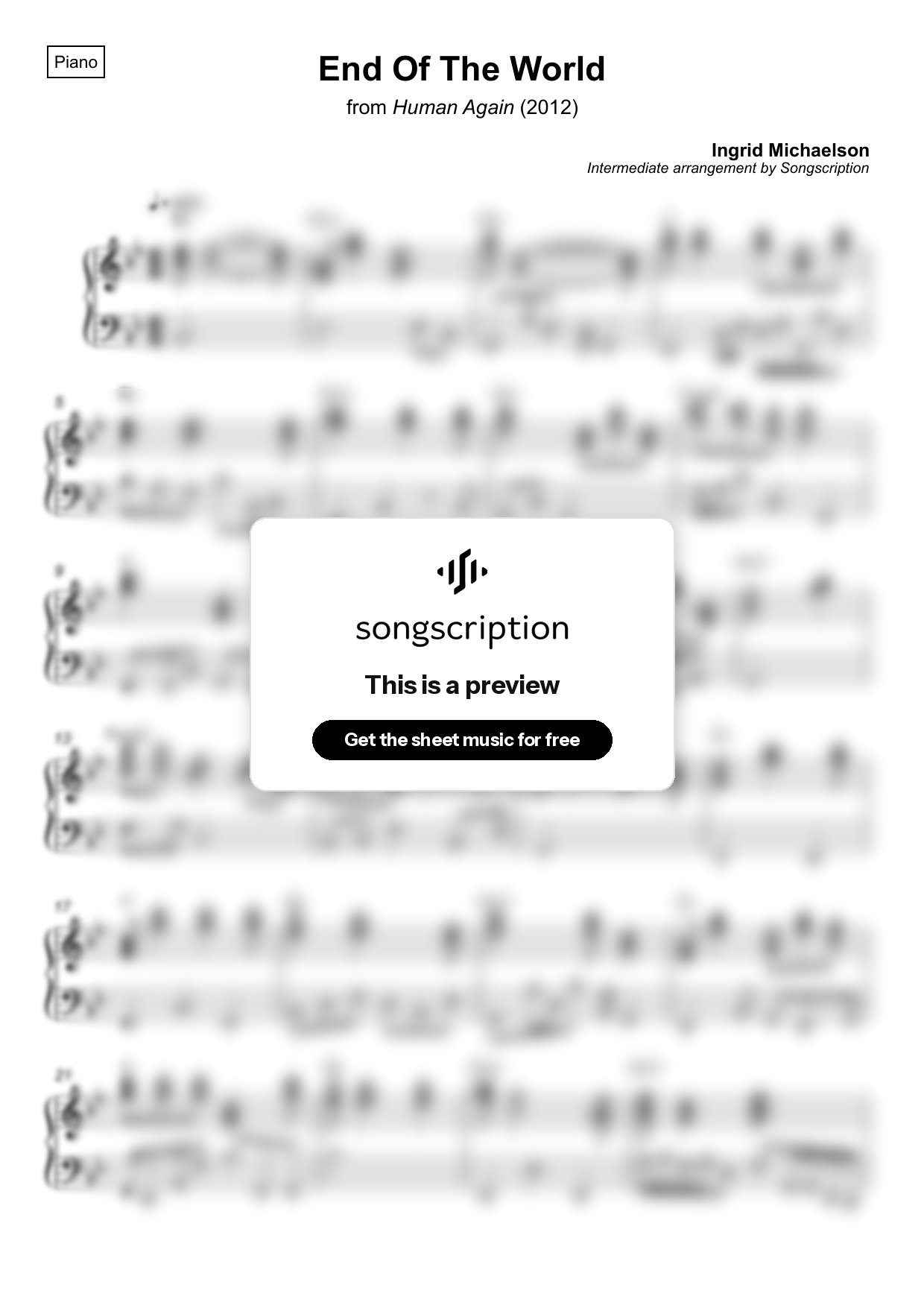 Intermediate Piano Sheet Music for "End Of The World" by Ingrid Michaelson