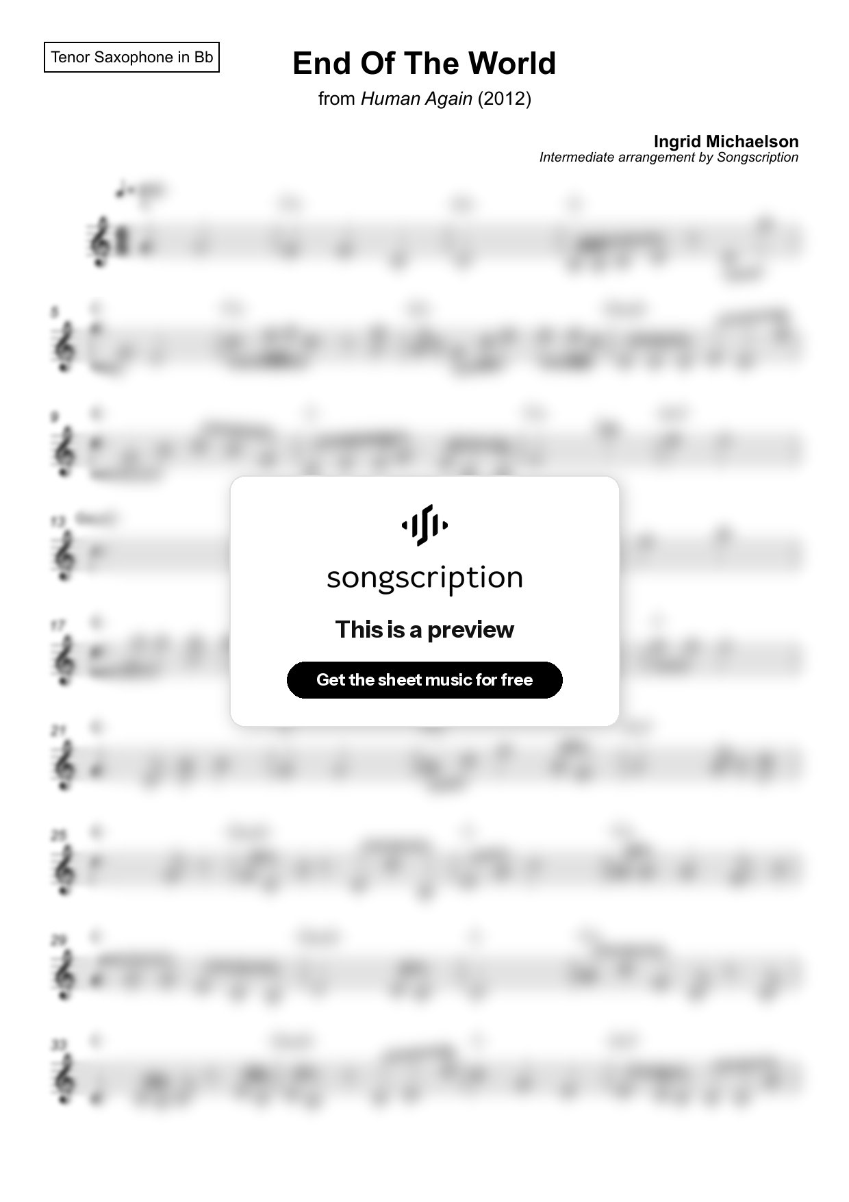 Intermediate Tenor Sax Sheet Music for "End Of The World" by Ingrid Michaelson
