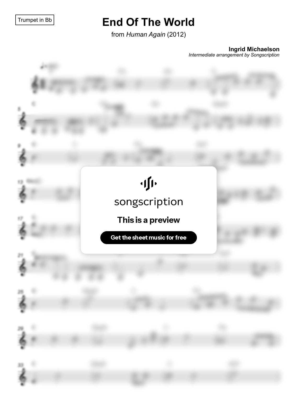 Intermediate Trumpet Sheet Music for "End Of The World" by Ingrid Michaelson