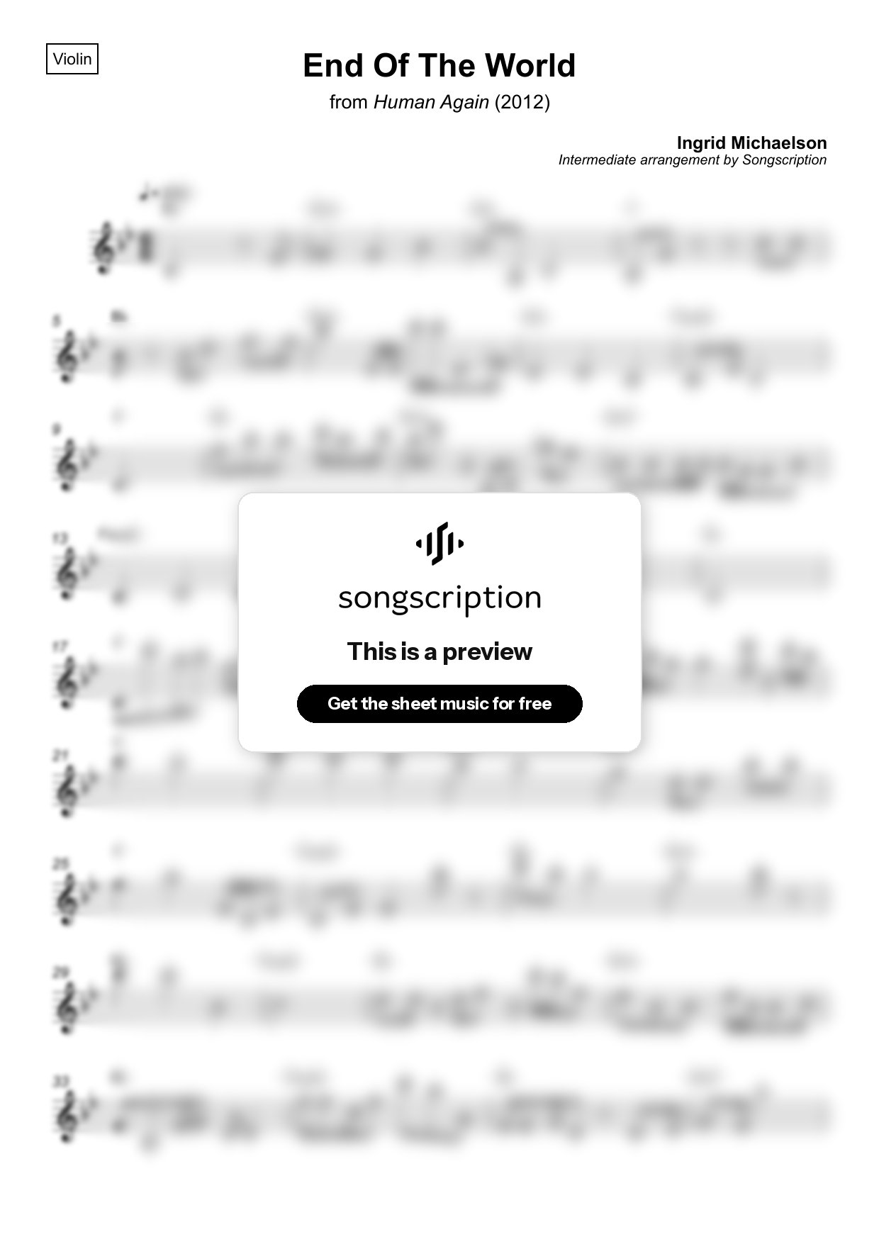 Intermediate Violin Sheet Music for "End Of The World" by Ingrid Michaelson