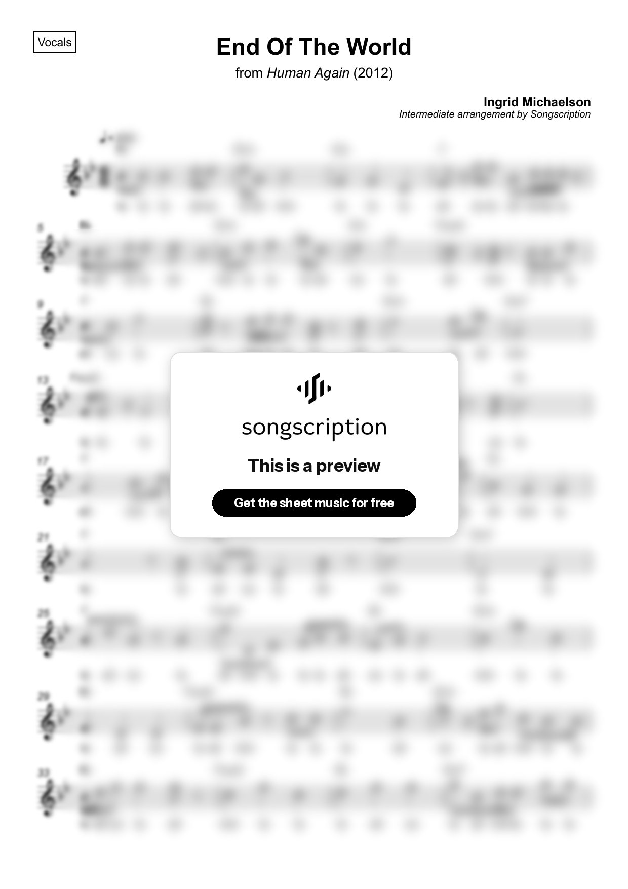 Intermediate Vocals Sheet Music for "End Of The World" by Ingrid Michaelson