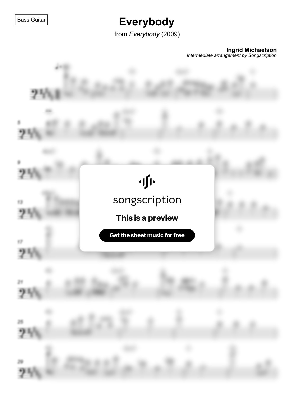 Intermediate Bass Guitar Sheet Music for "Everybody" by Ingrid Michaelson