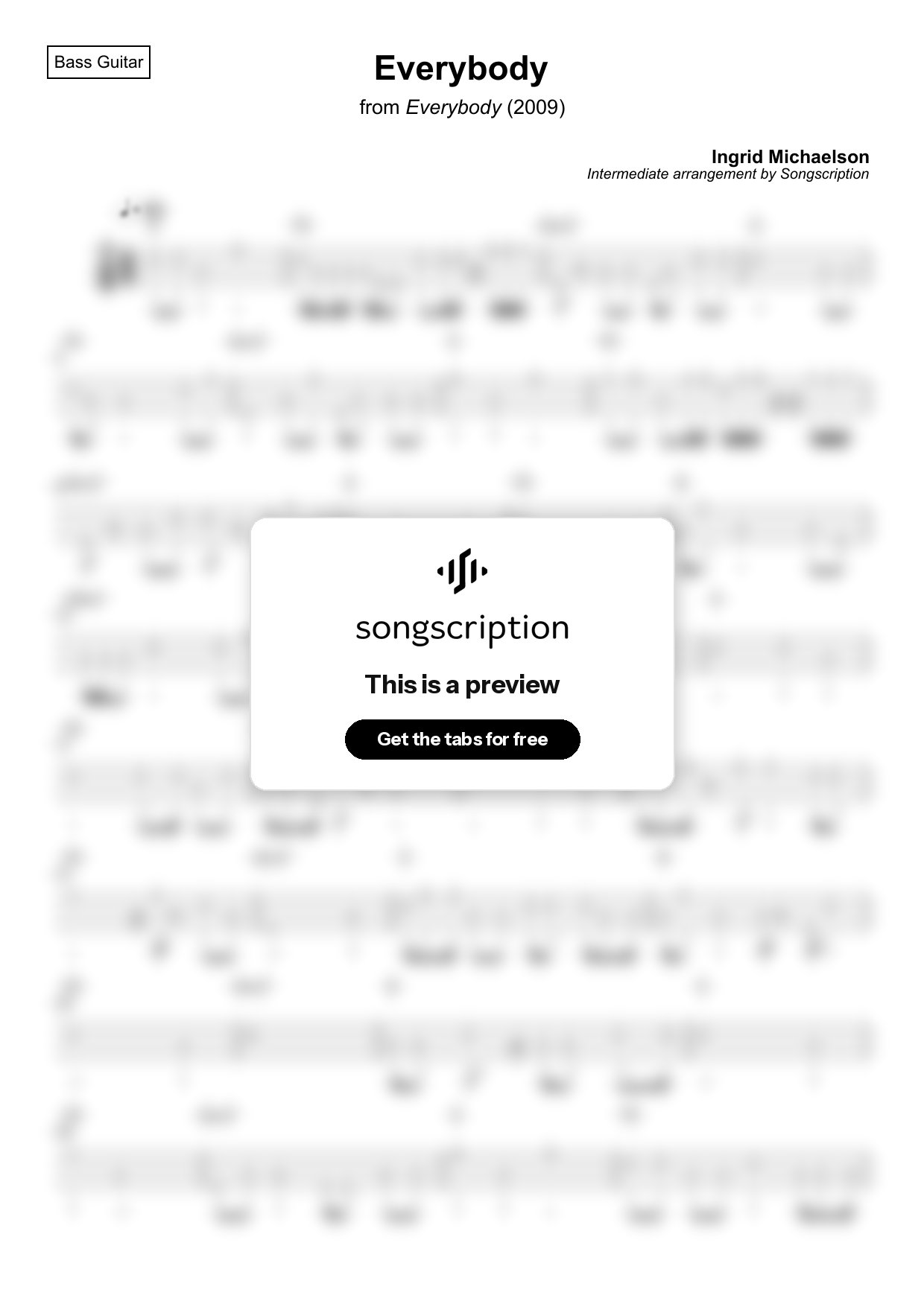 Intermediate Bass Guitar Tabs for "Everybody" by Ingrid Michaelson