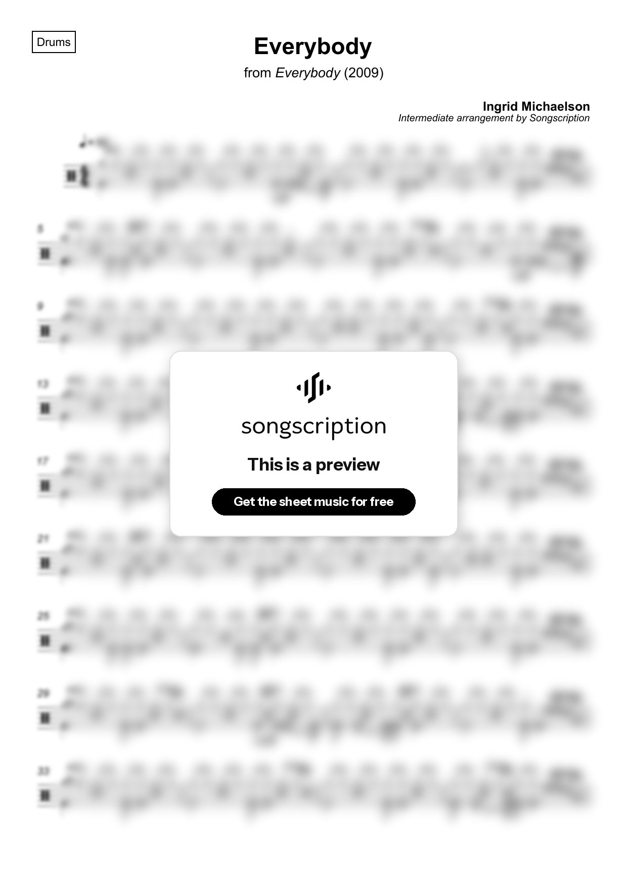 Intermediate Drums Sheet Music for "Everybody" by Ingrid Michaelson