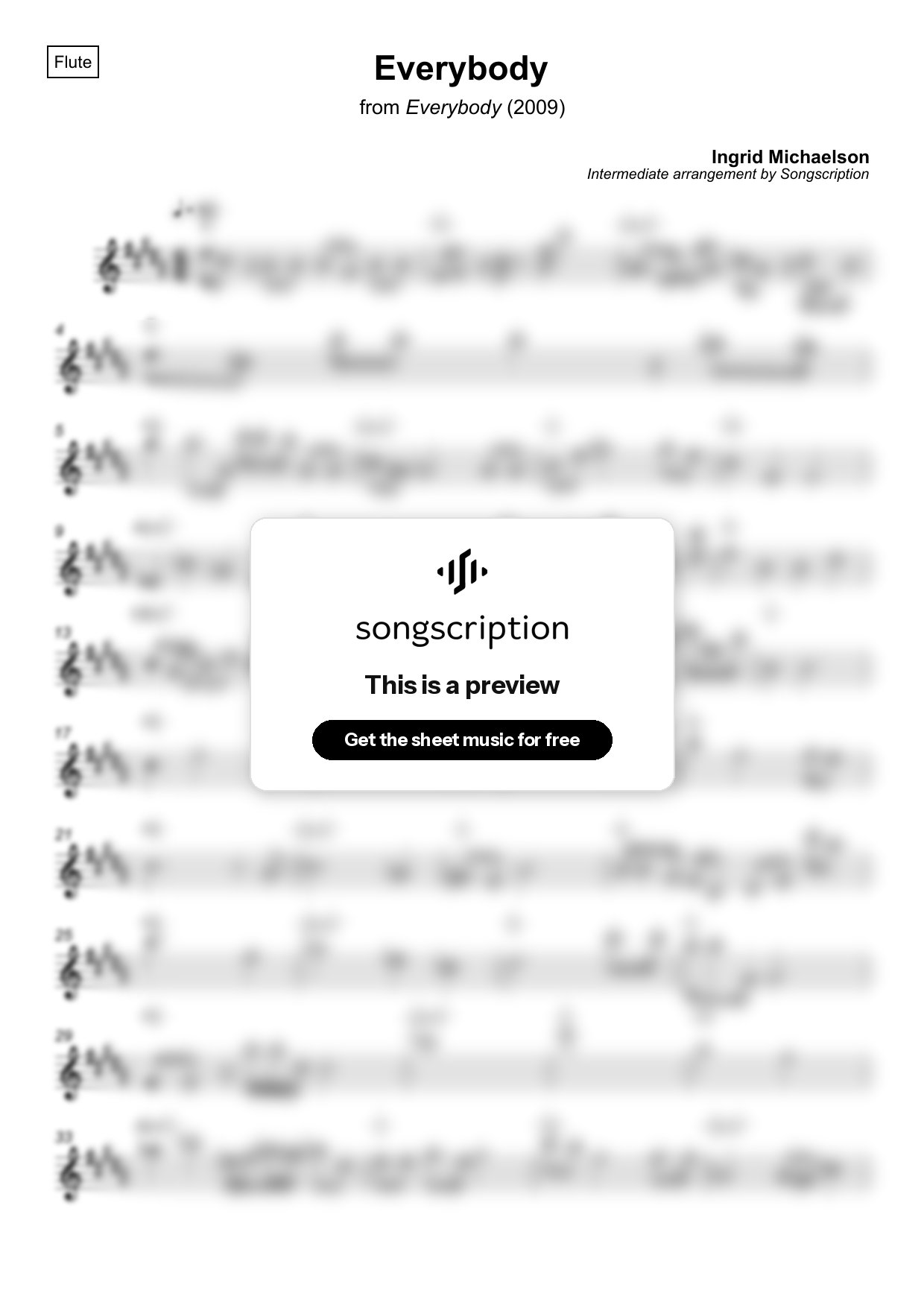 Intermediate Flute Sheet Music for "Everybody" by Ingrid Michaelson