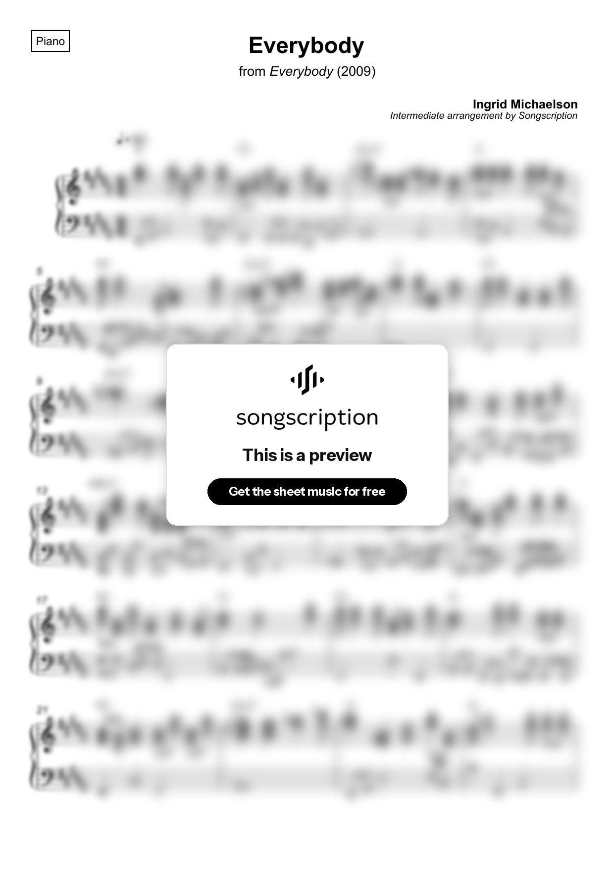 Intermediate Piano Sheet Music for "Everybody" by Ingrid Michaelson