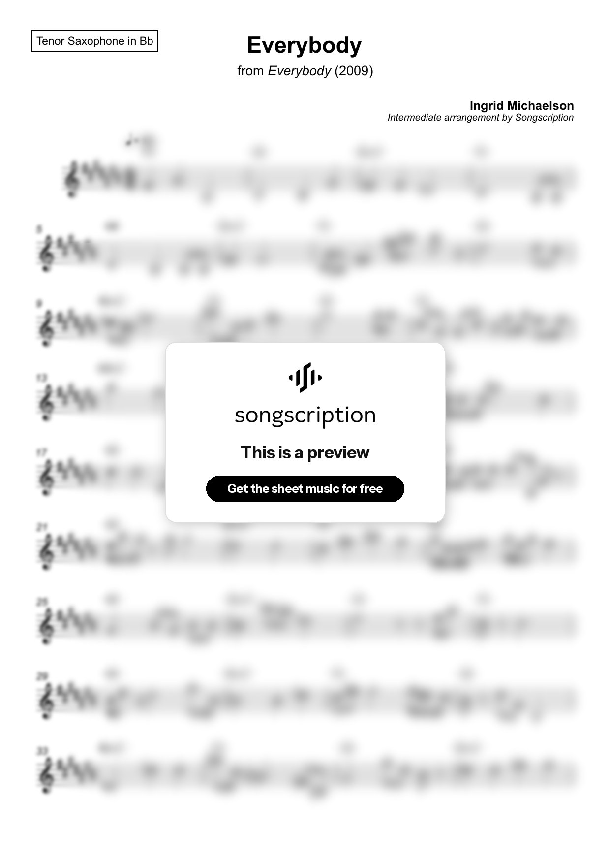 Intermediate Tenor Sax Sheet Music for "Everybody" by Ingrid Michaelson