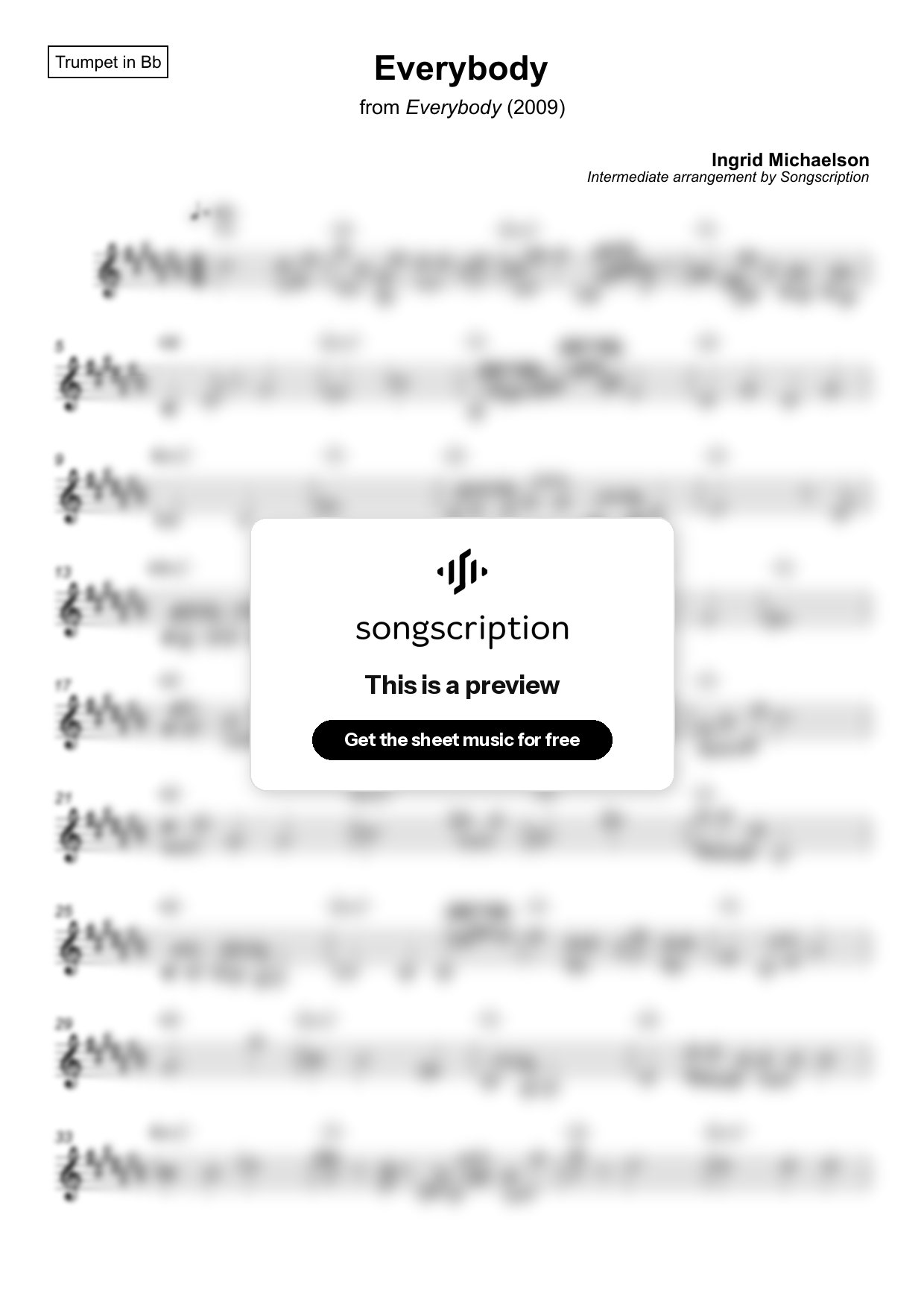 Intermediate Trumpet Sheet Music for "Everybody" by Ingrid Michaelson