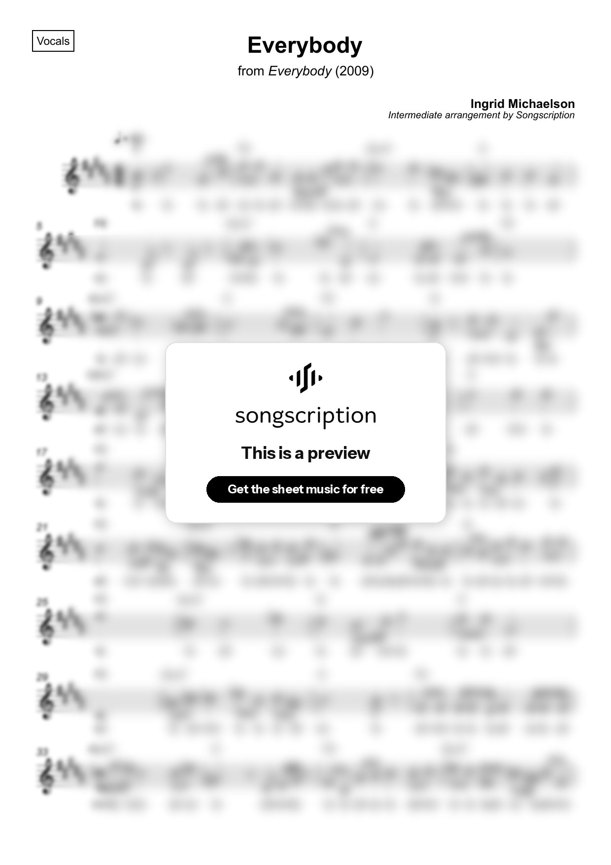 Intermediate Vocals Sheet Music for "Everybody" by Ingrid Michaelson