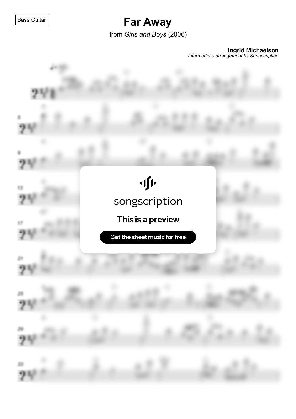 Intermediate Bass Guitar Sheet Music for "Far Away" by Ingrid Michaelson
