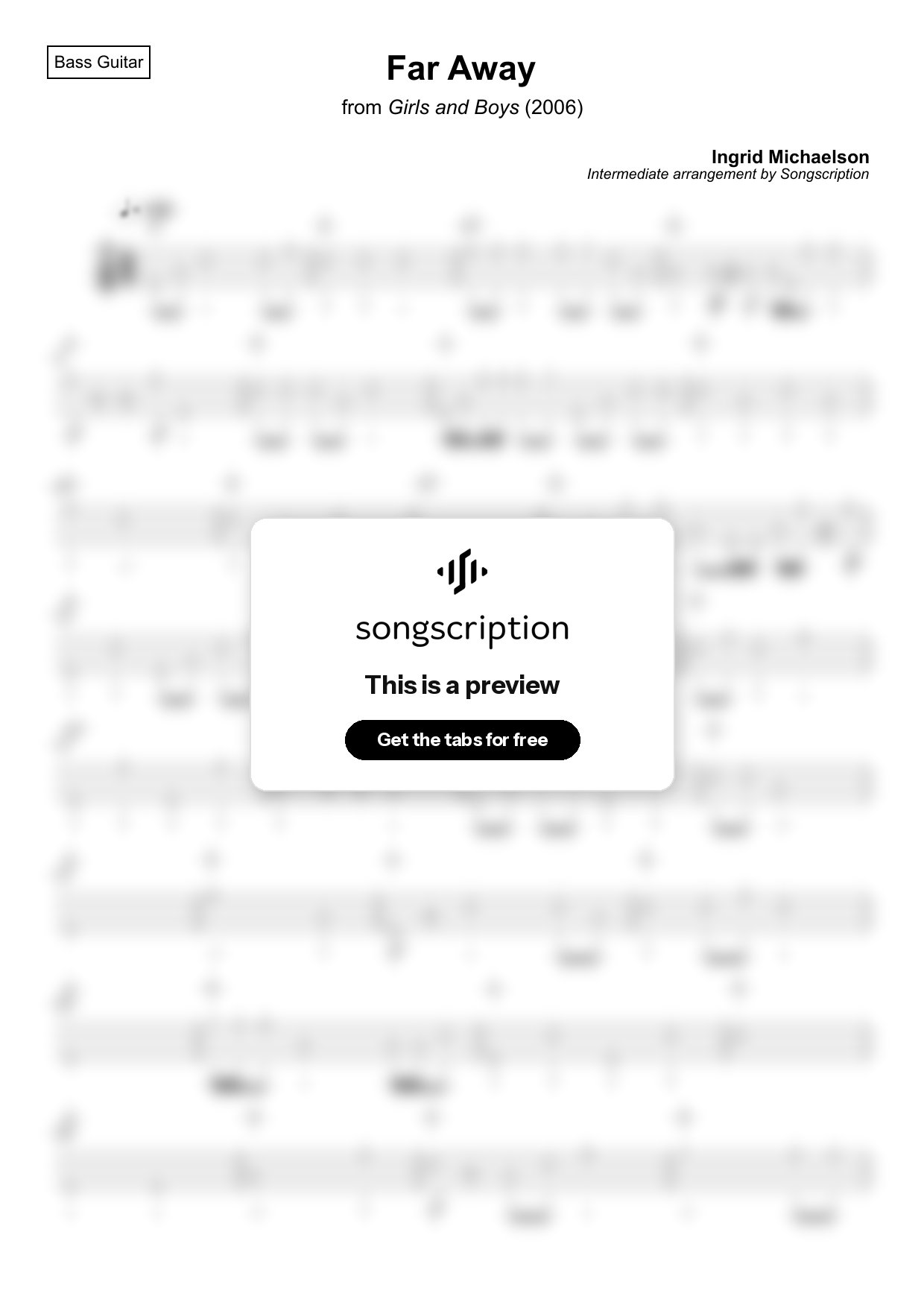 Intermediate Bass Guitar Tabs for "Far Away" by Ingrid Michaelson