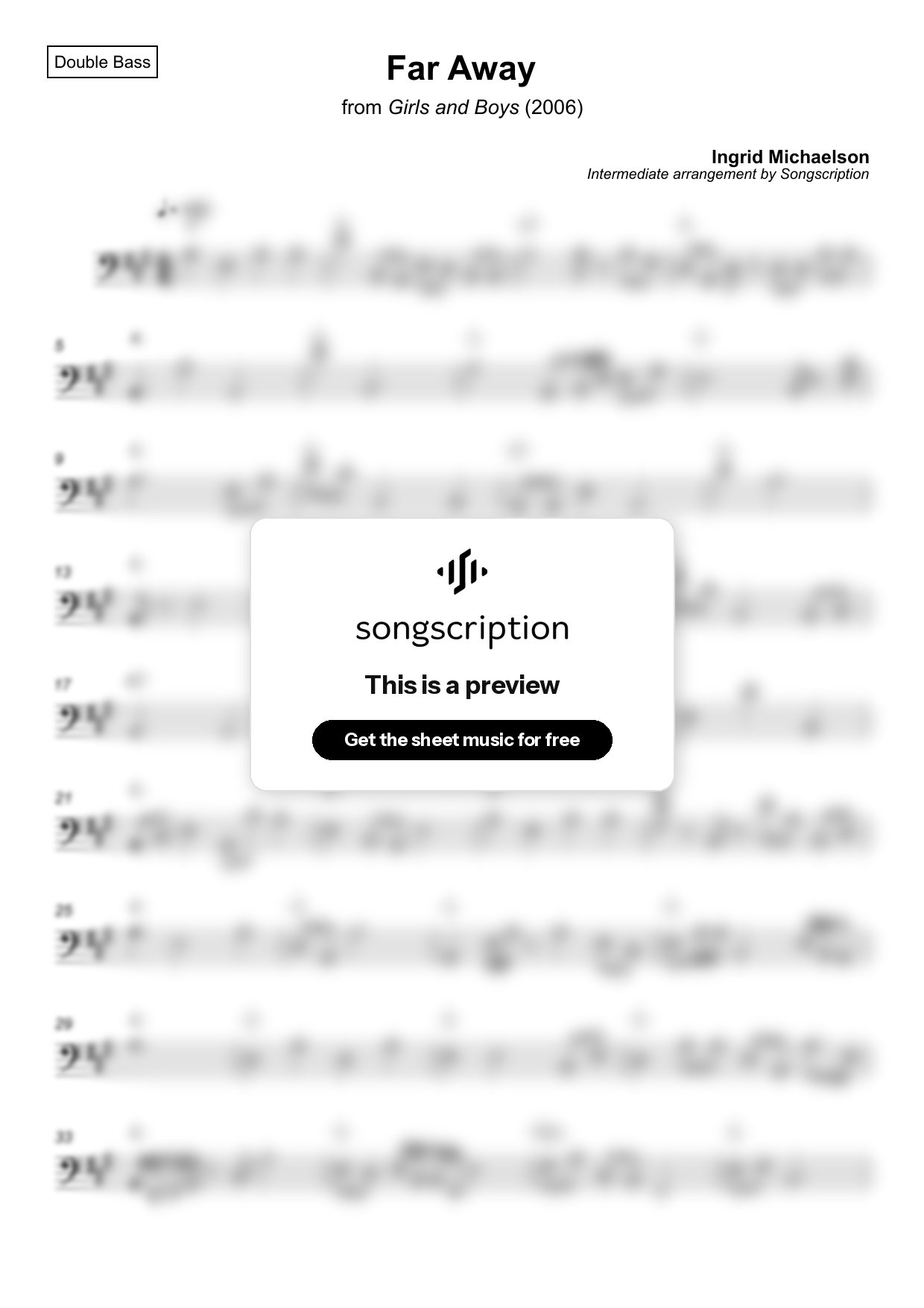 Intermediate Double Bass Sheet Music for "Far Away" by Ingrid Michaelson