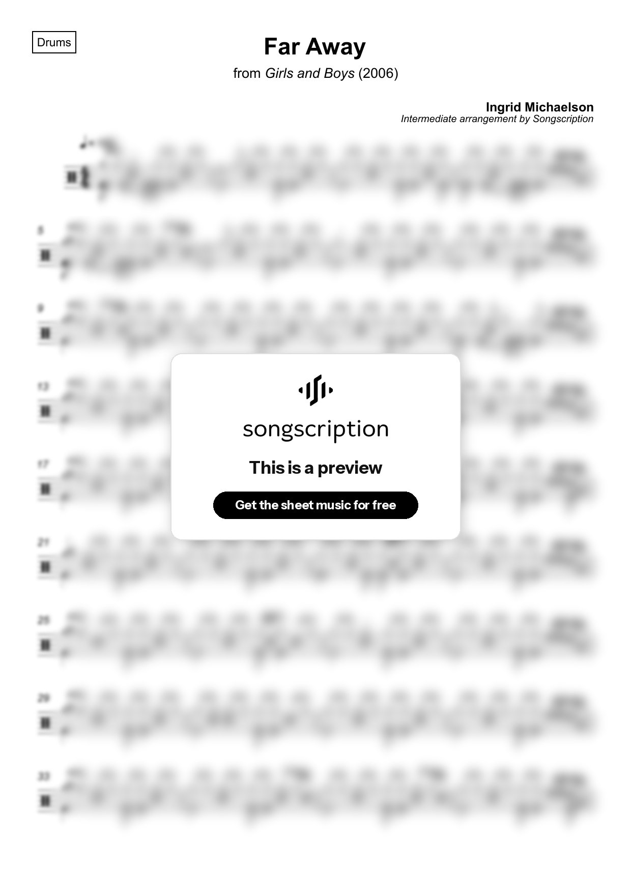 Intermediate Drums Sheet Music for "Far Away" by Ingrid Michaelson
