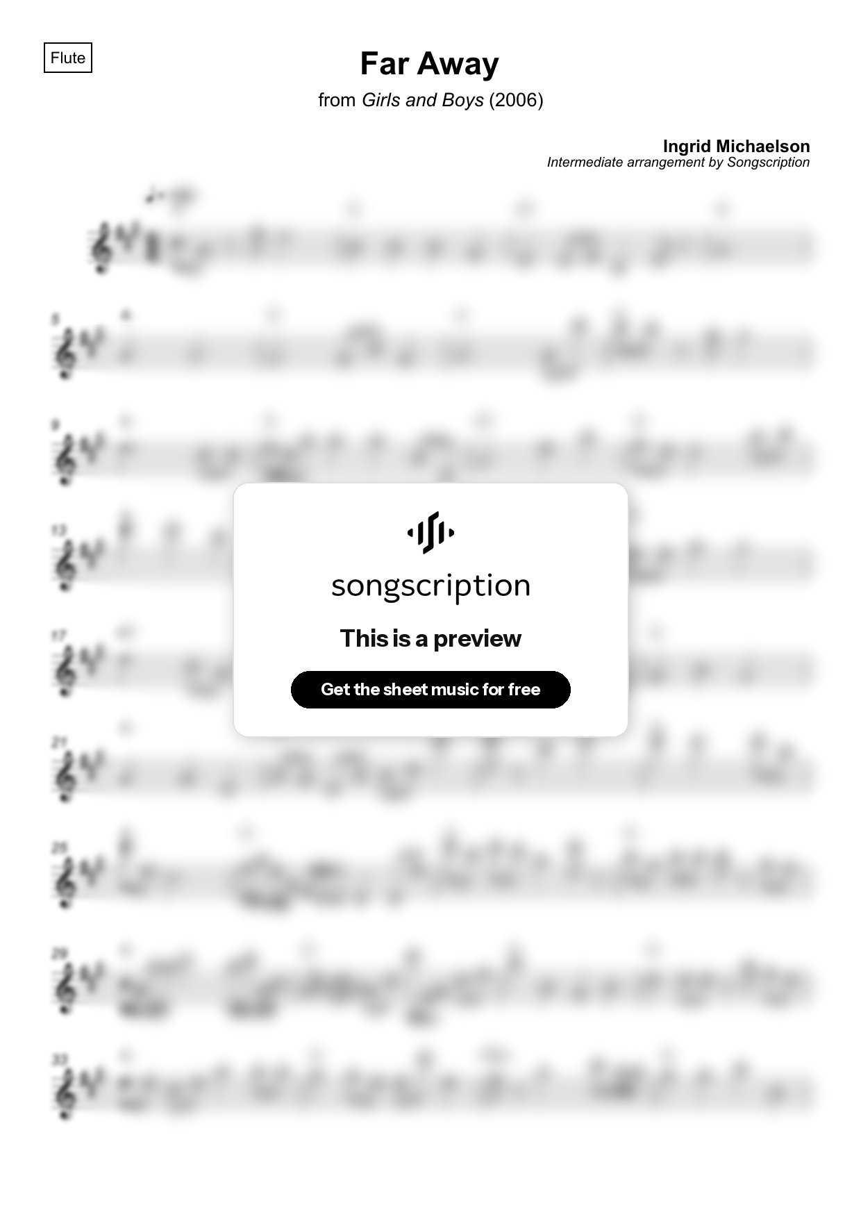 Intermediate Flute Sheet Music for "Far Away" by Ingrid Michaelson