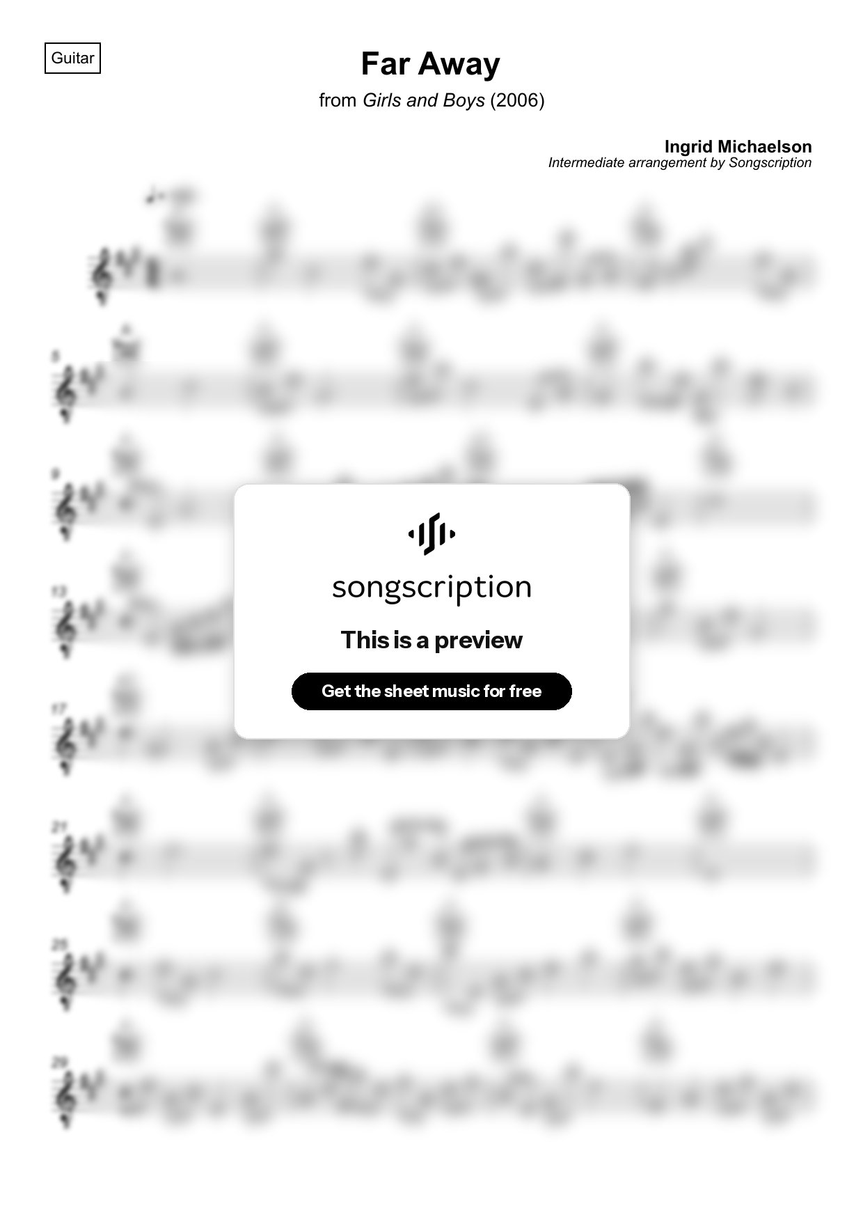 Intermediate Acoustic Guitar Sheet Music for "Far Away" by Ingrid Michaelson
