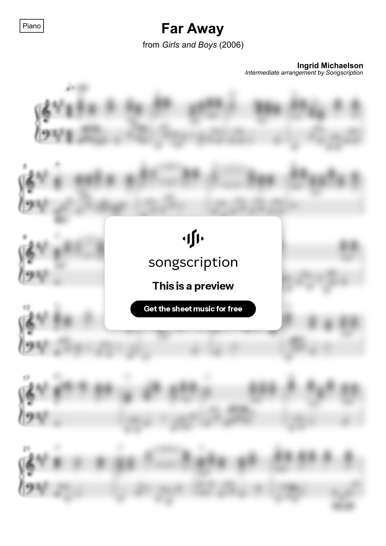 Intermediate Piano Sheet Music for "Far Away" by Ingrid Michaelson