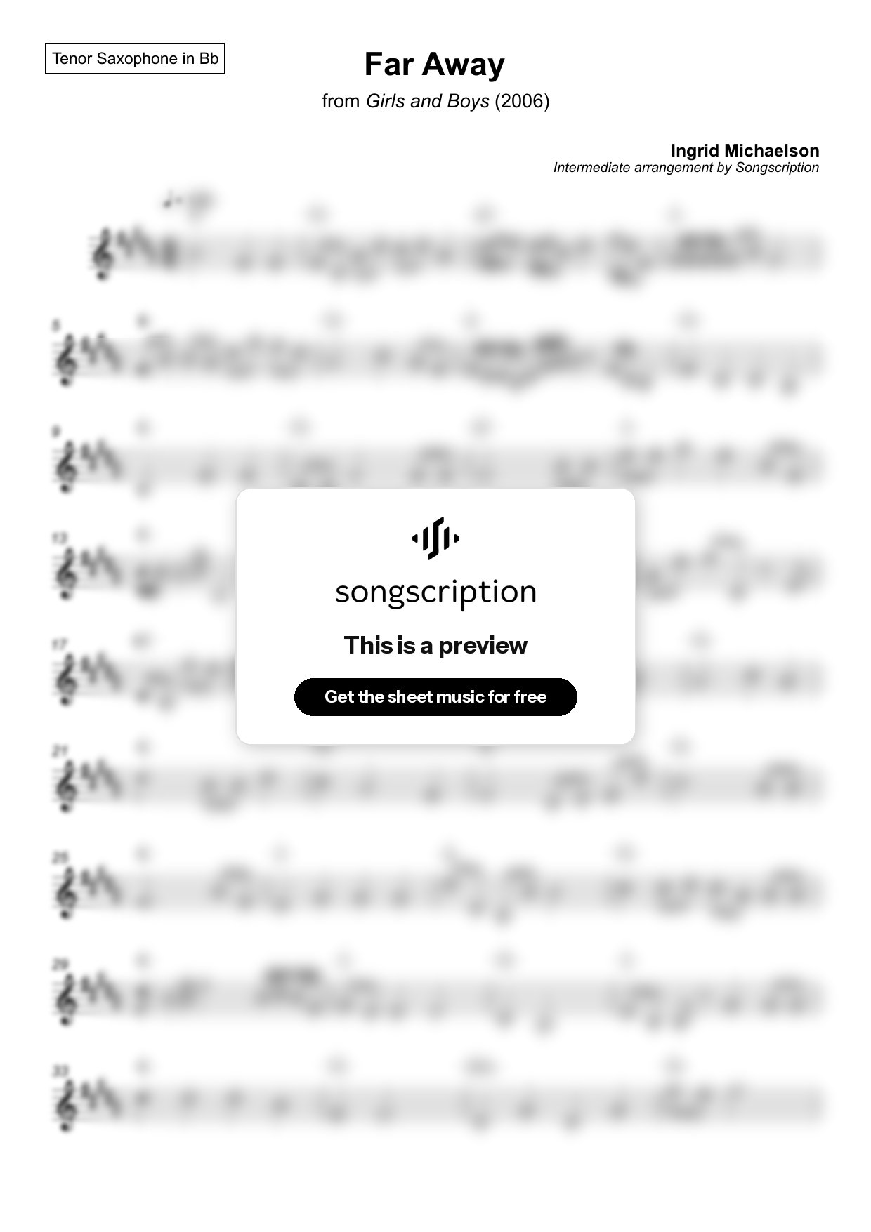 Intermediate Tenor Sax Sheet Music for "Far Away" by Ingrid Michaelson