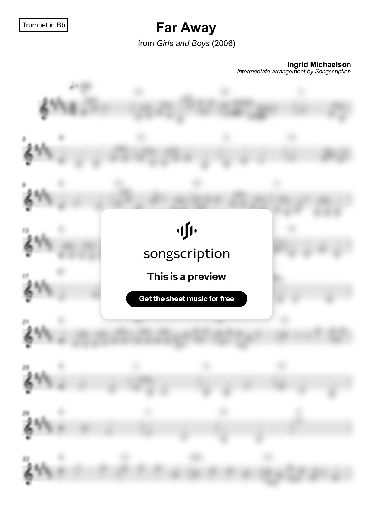 Intermediate Trumpet Sheet Music for "Far Away" by Ingrid Michaelson