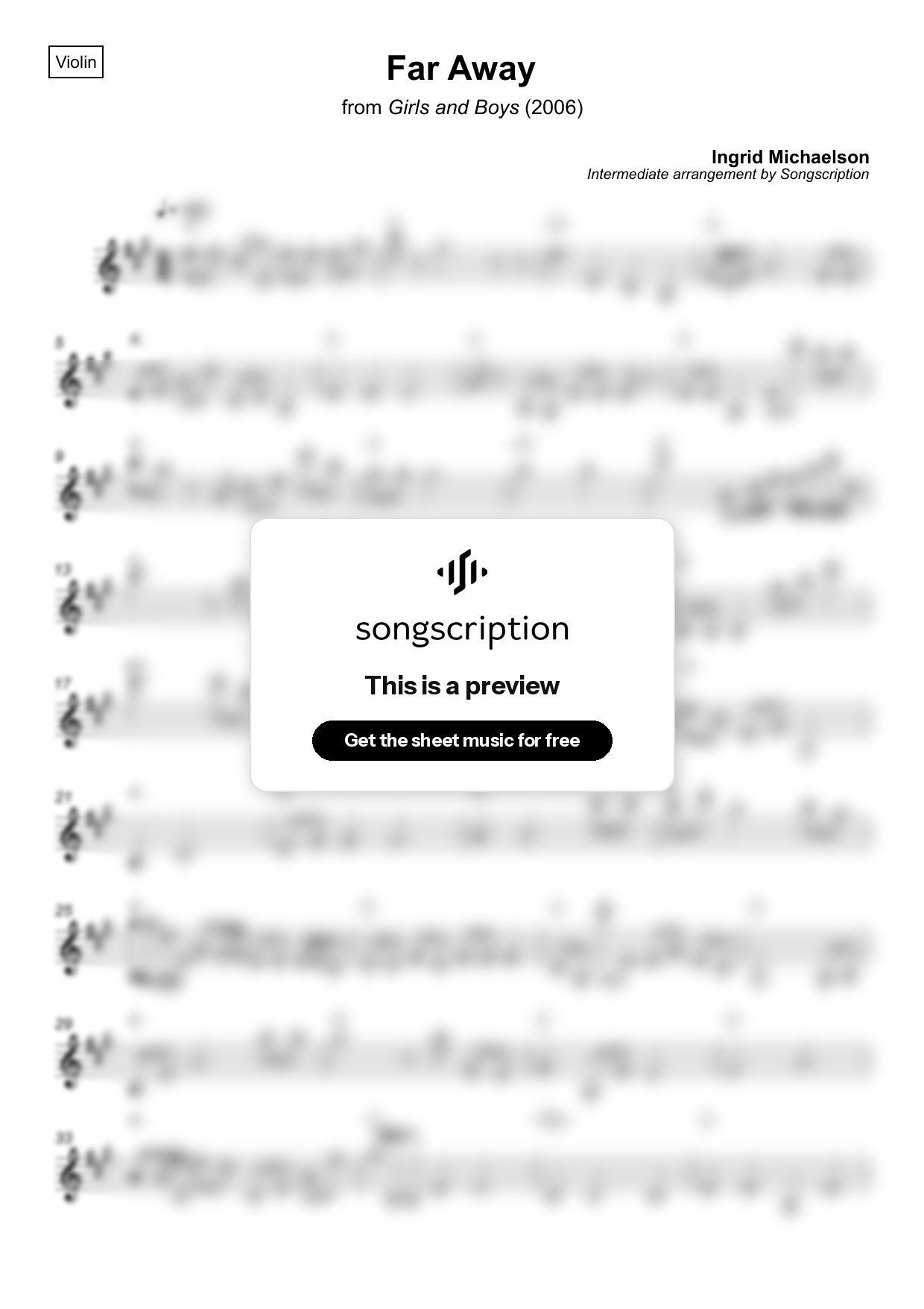 Intermediate Violin Sheet Music for "Far Away" by Ingrid Michaelson
