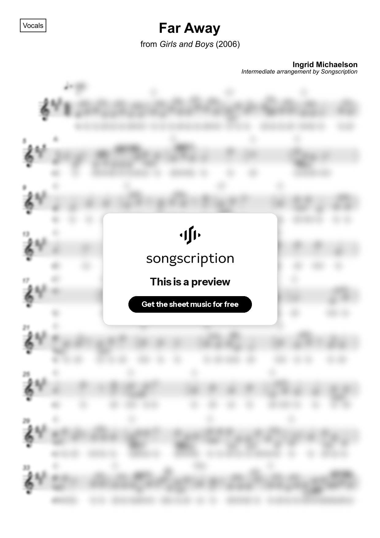 Intermediate Vocals Sheet Music for "Far Away" by Ingrid Michaelson