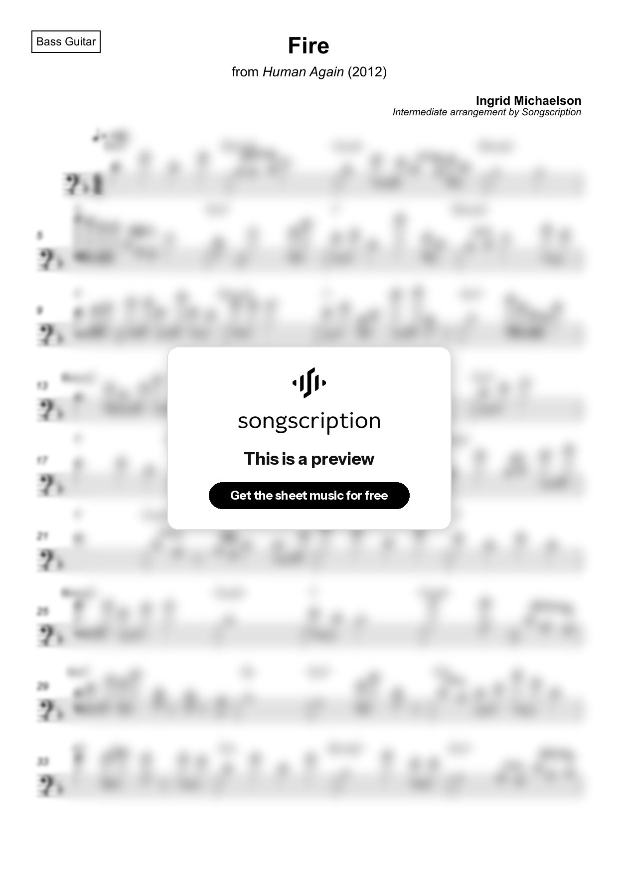 Intermediate Bass Guitar Sheet Music for "Fire" by Ingrid Michaelson