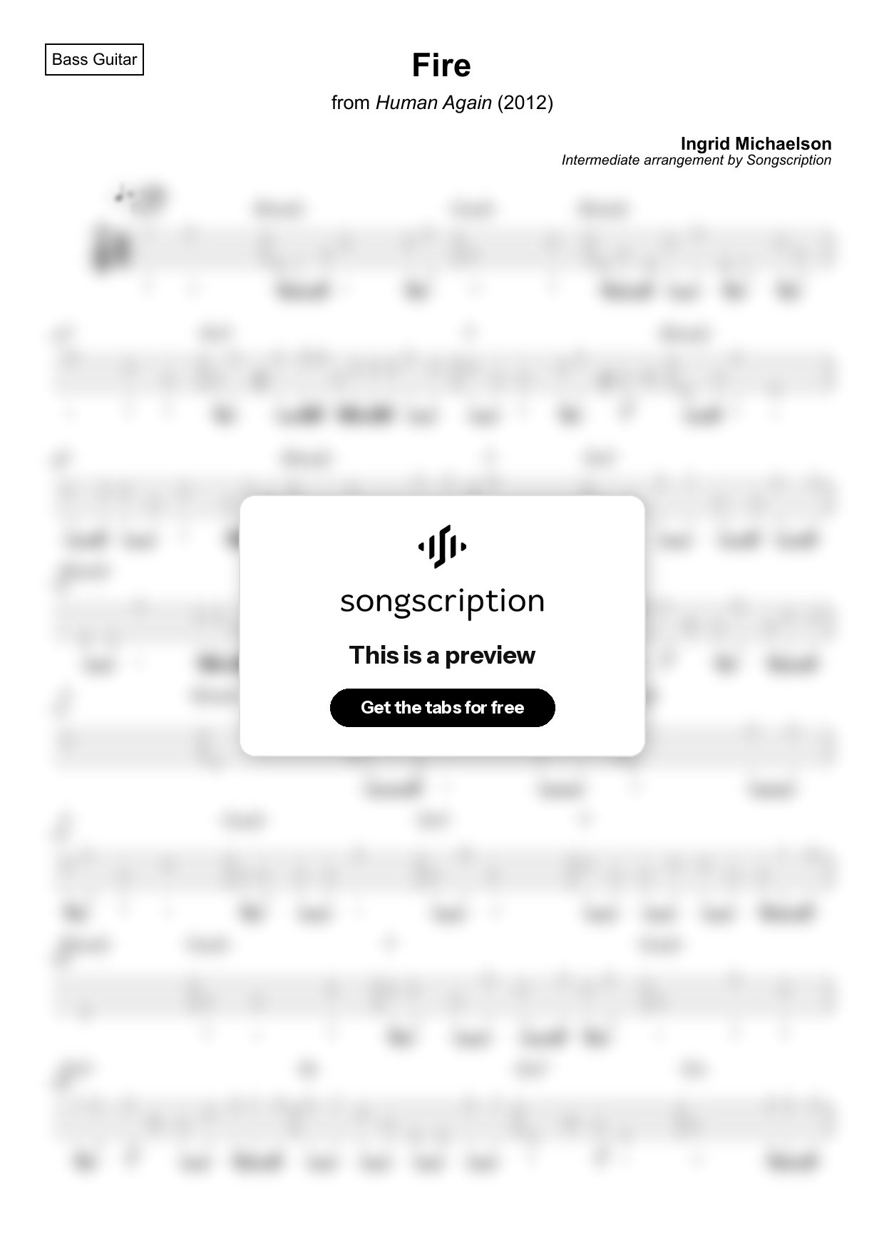 Intermediate Bass Guitar Tabs for "Fire" by Ingrid Michaelson